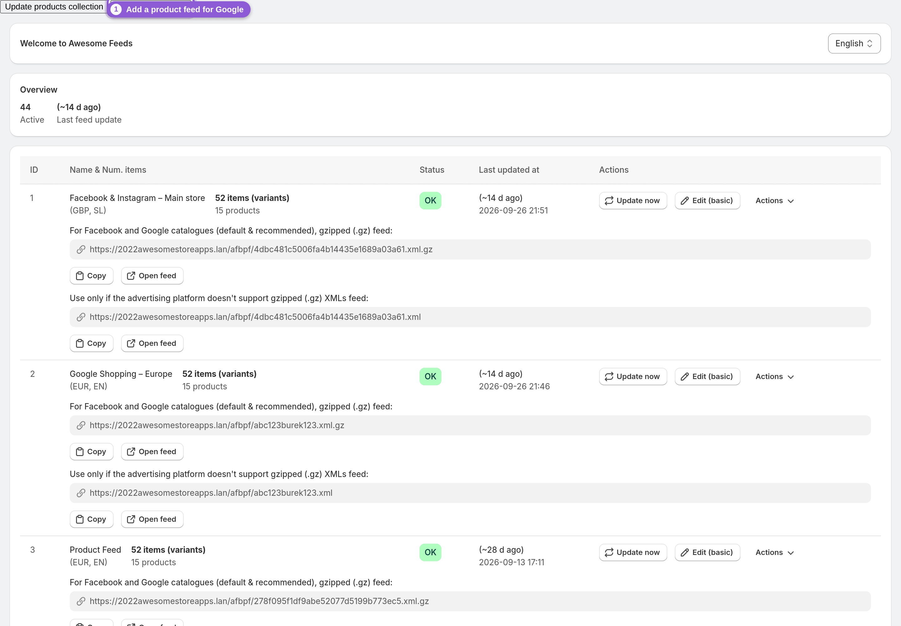 The Add a product feed button on the Awesome Feeds dashboard
