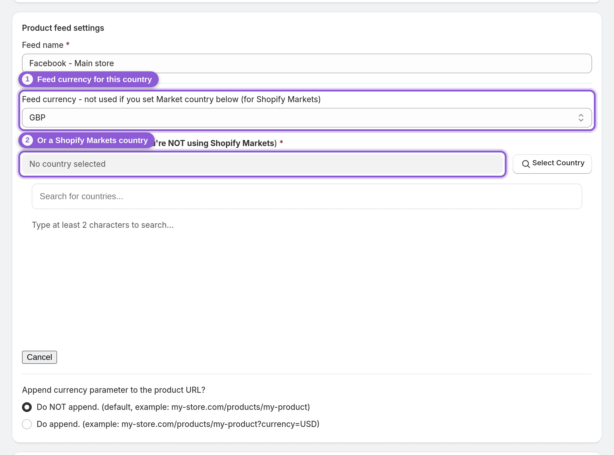 The Feed currency and Market country fields in a feed's settings