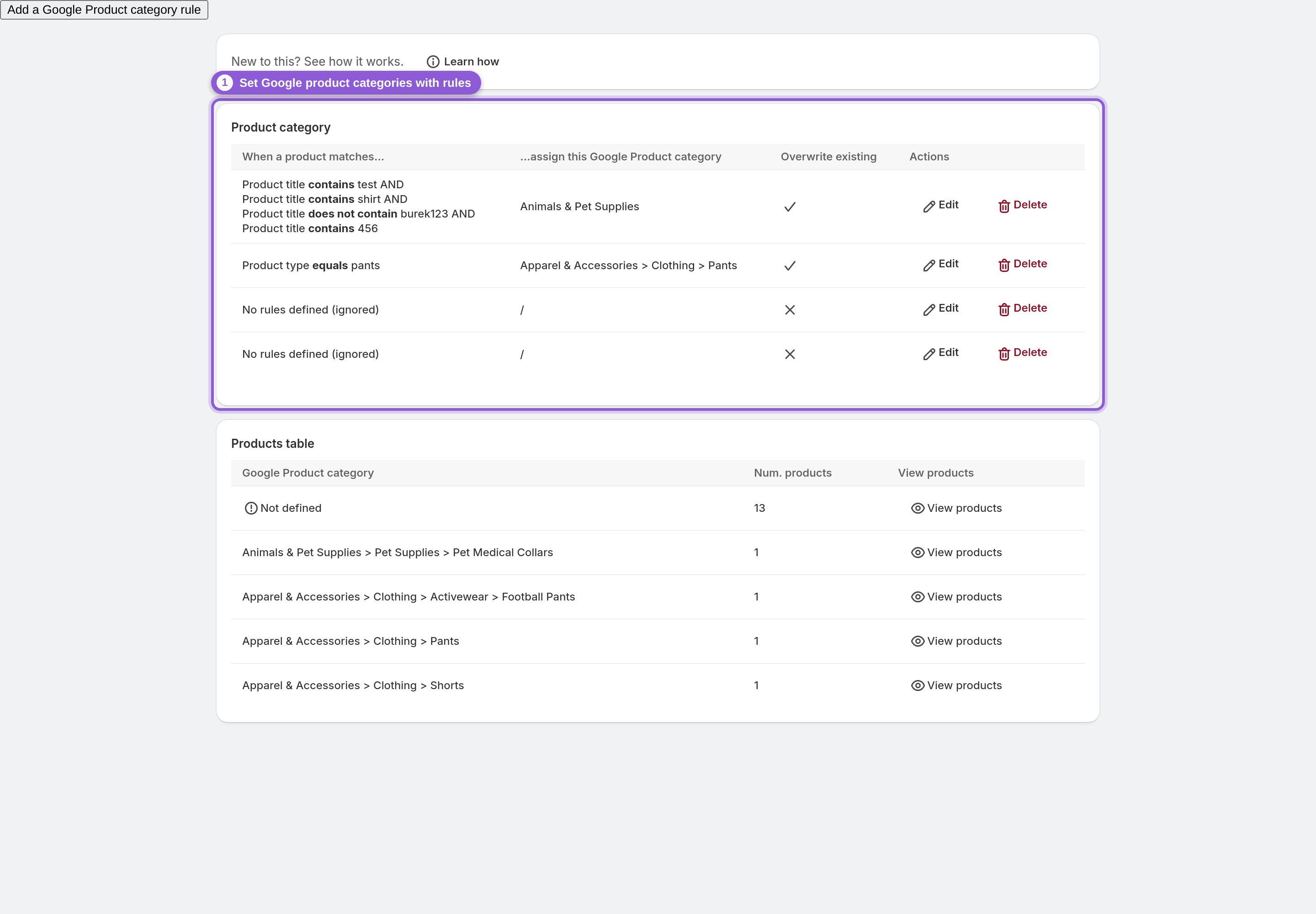 Google Shopping rules that assign a Google product category to matching products