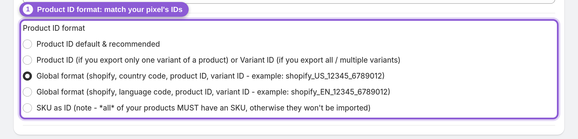 The Product ID format options in a feed's Other settings