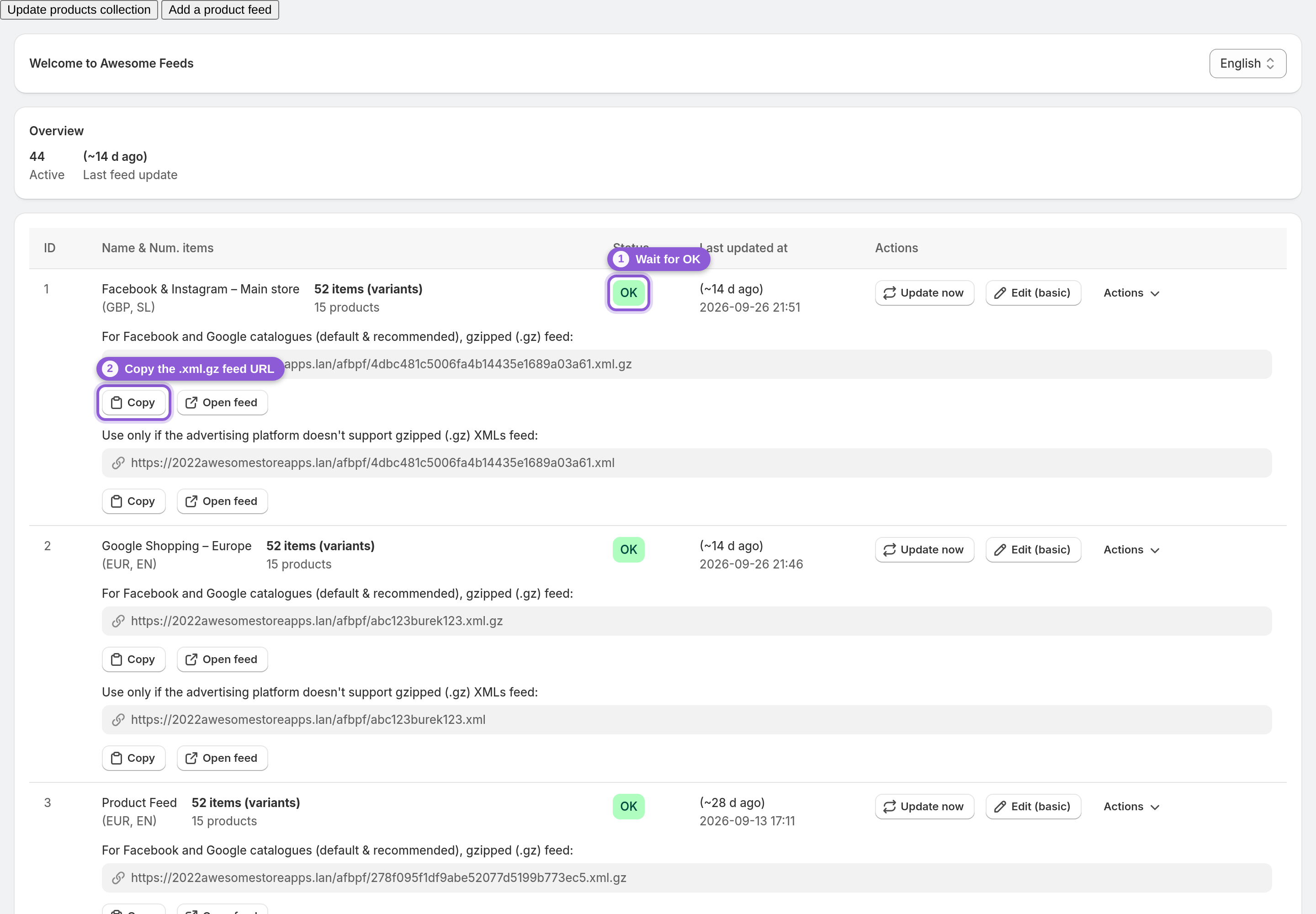 A feed with the OK status badge and the Copy button for its gzipped .xml.gz feed URL on the dashboard