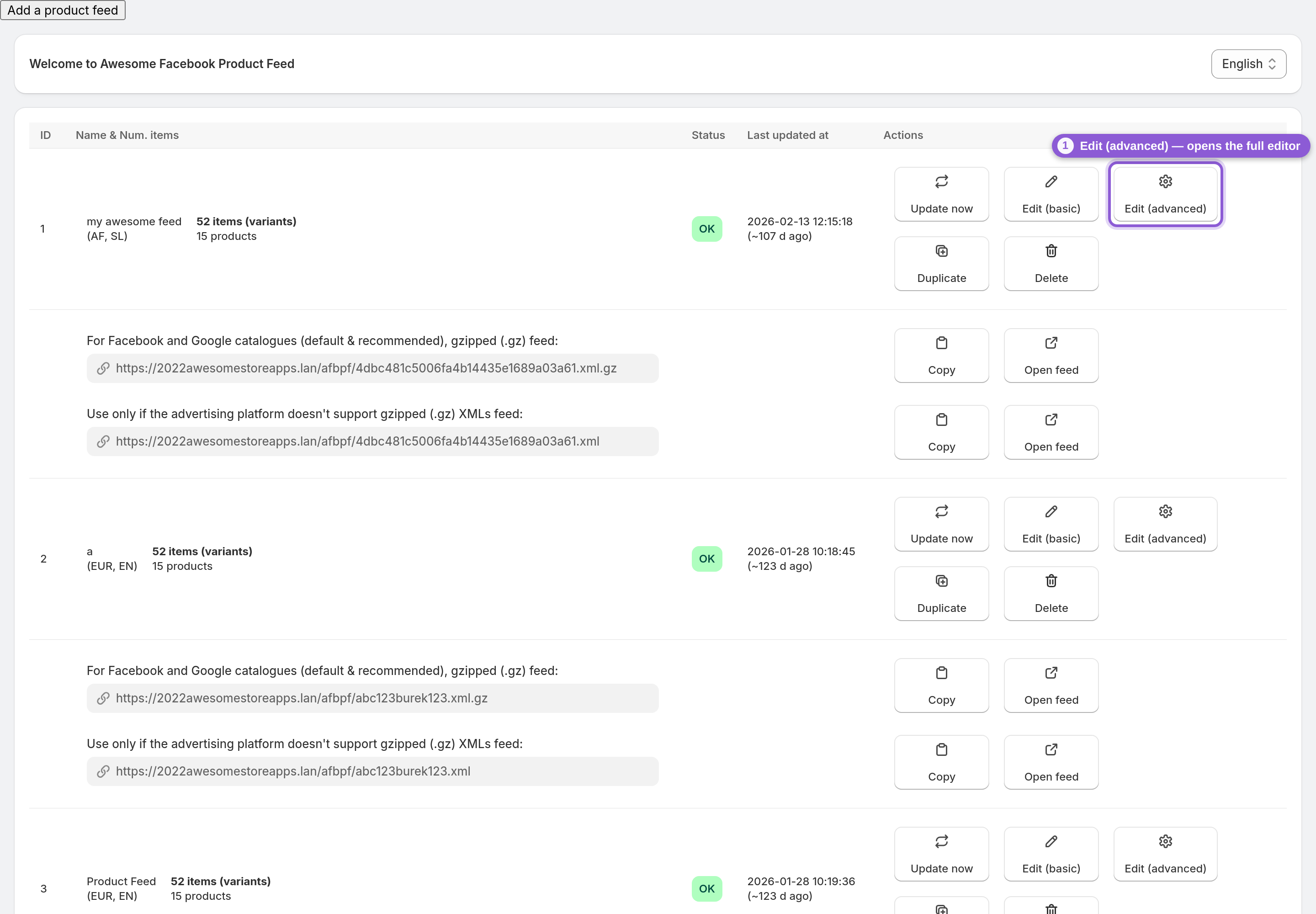 The app dashboard showing the feed list with the Edit (advanced) button highlighted