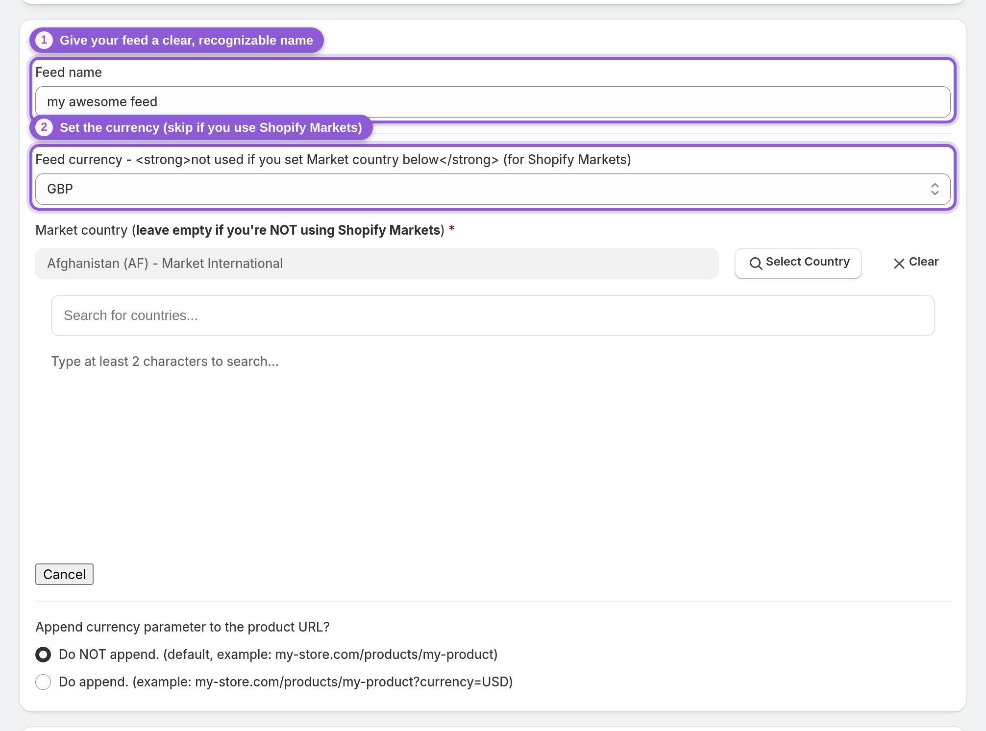 Product feed settings section with the feed name and currency fields highlighted