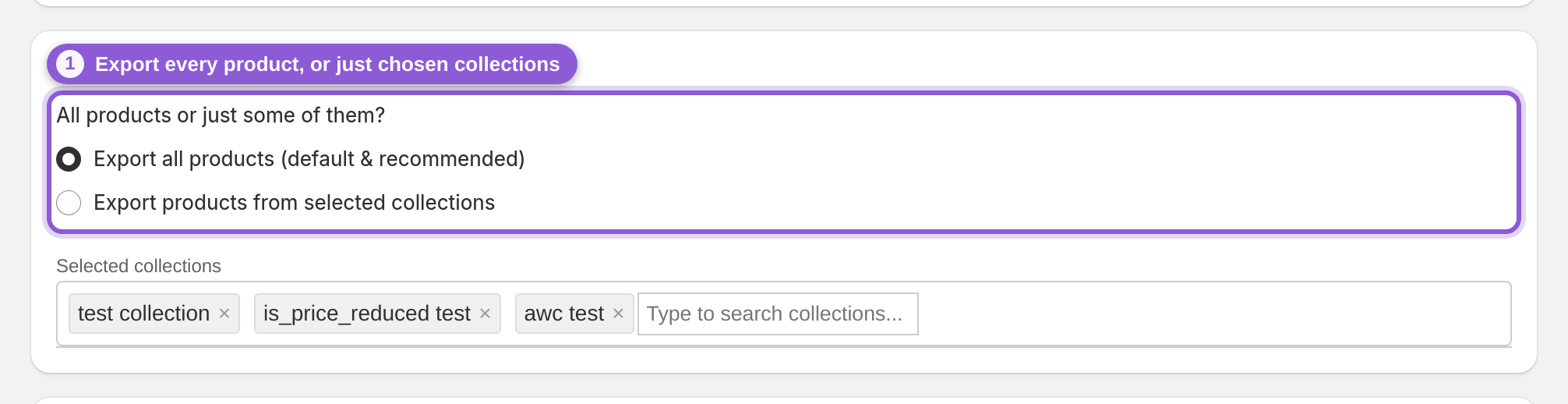 Product export settings with the all-products / selected-collections choice highlighted