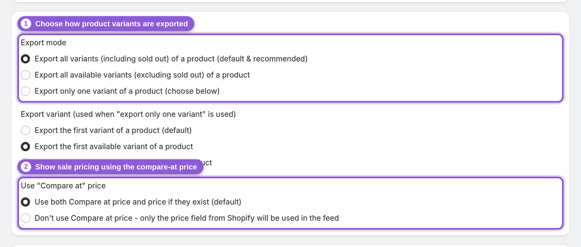 Variant export settings with export mode and compare-at price options highlighted