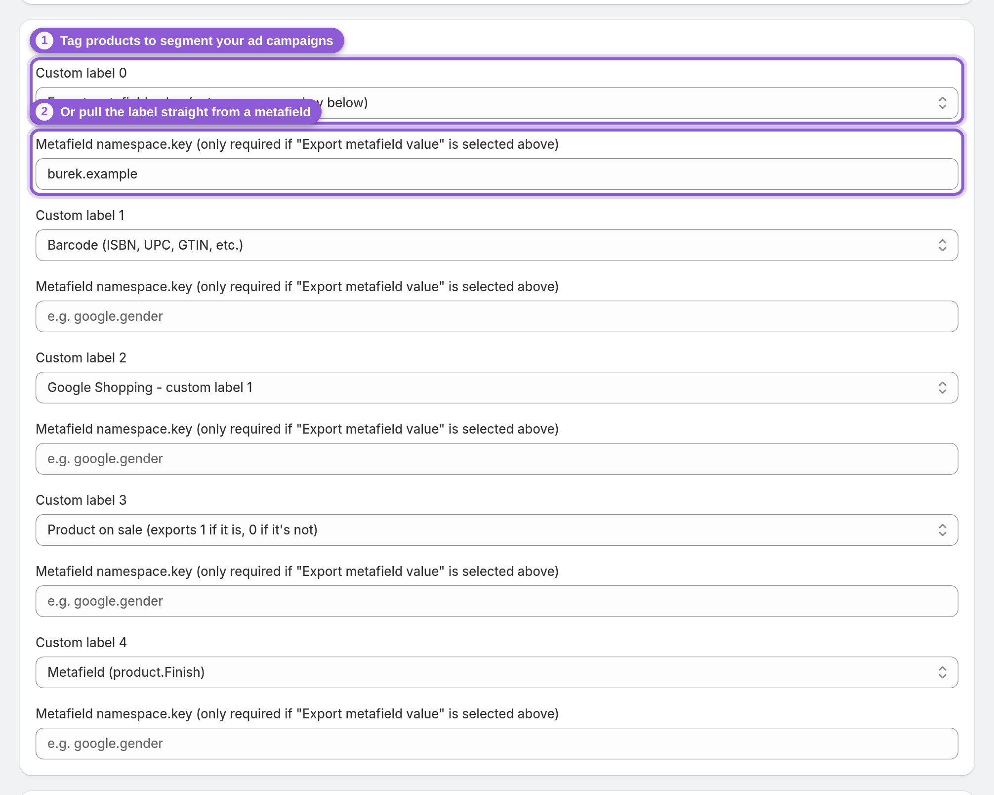 Custom labels section with the first custom label and its metafield source highlighted
