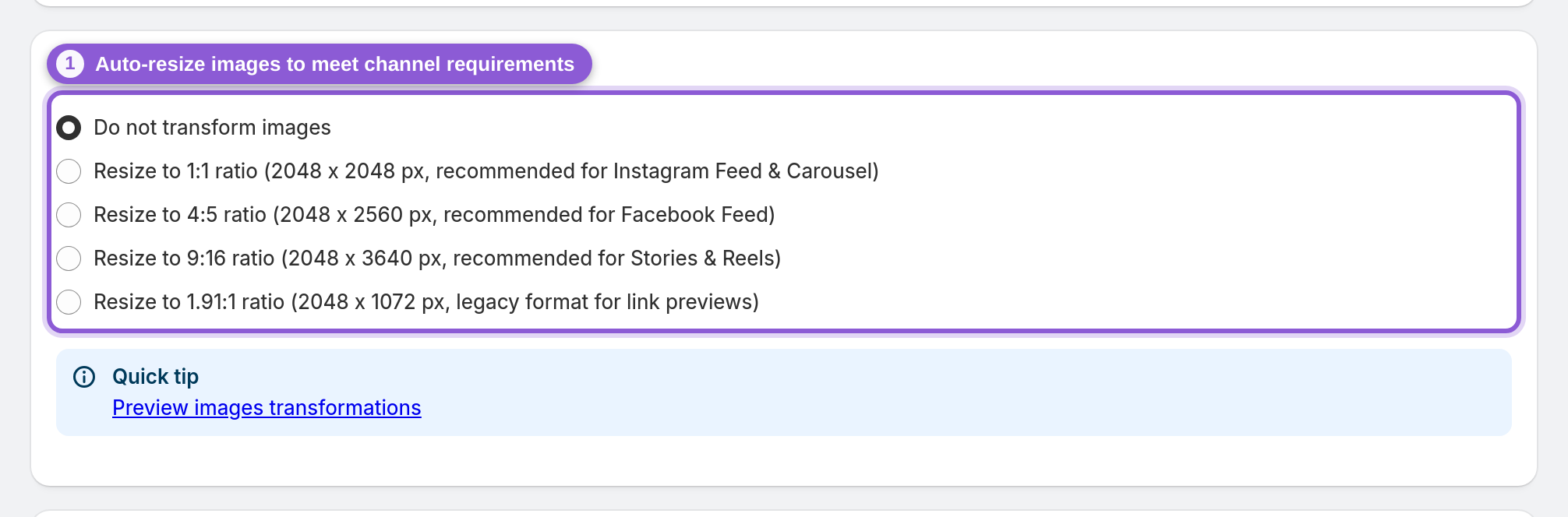 Transform images section with the image transformation option highlighted