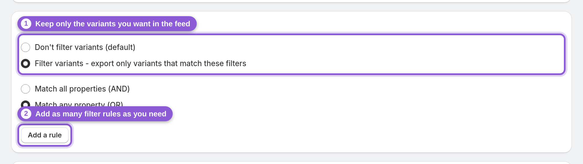 Filter variants section with the filter toggle and add-rule button highlighted