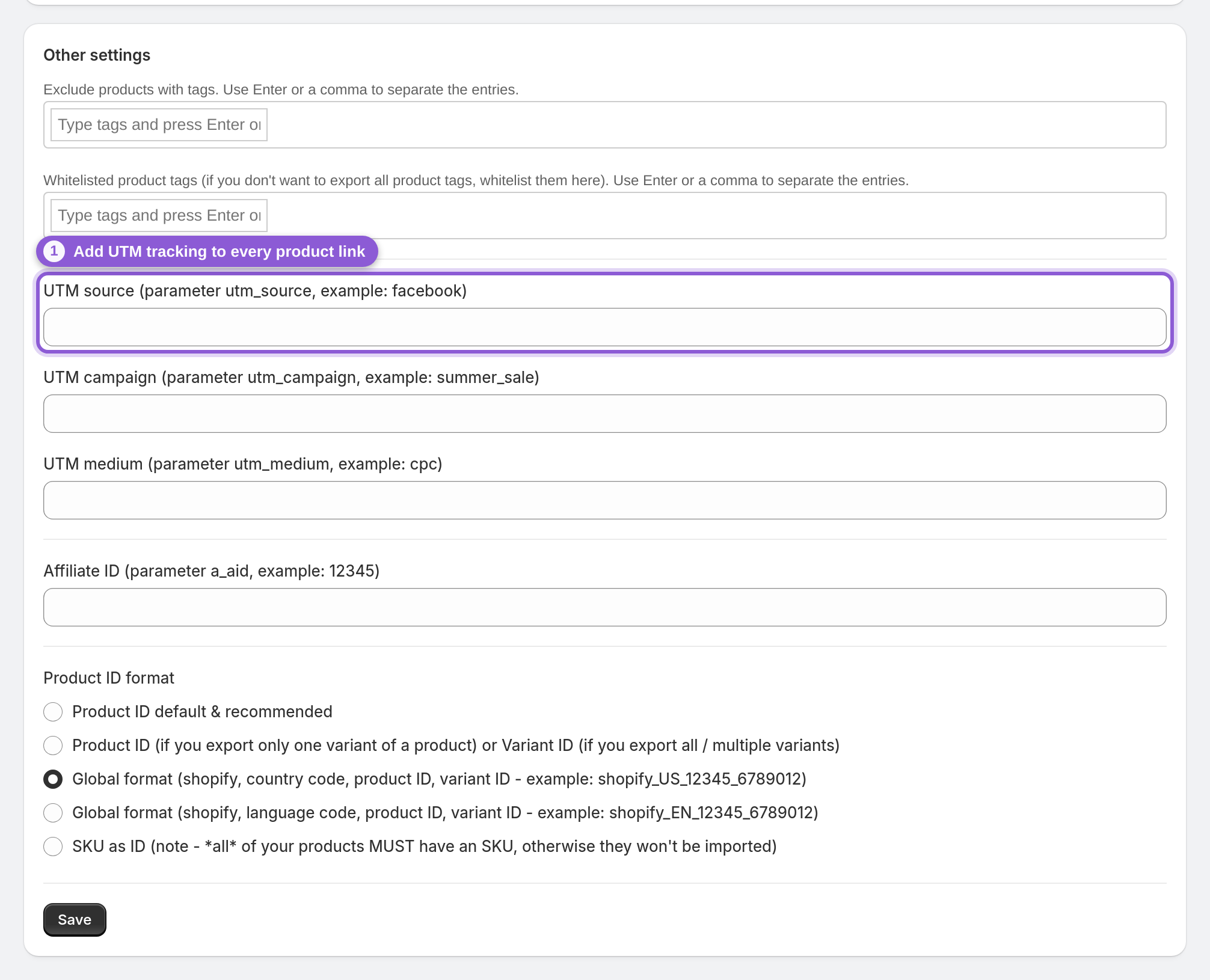 Other settings section with the UTM source field highlighted