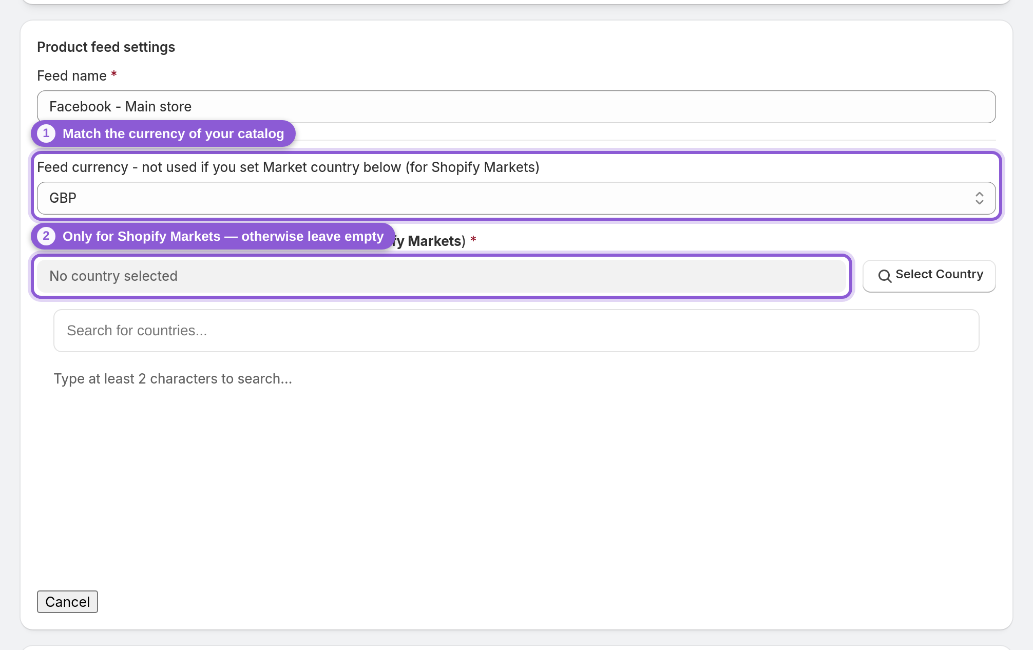 Set the currency (or let Shopify Markets drive it) — #product_feed_basic_feedCurrency, #product_feed_basic_feedCountry_display highlighted