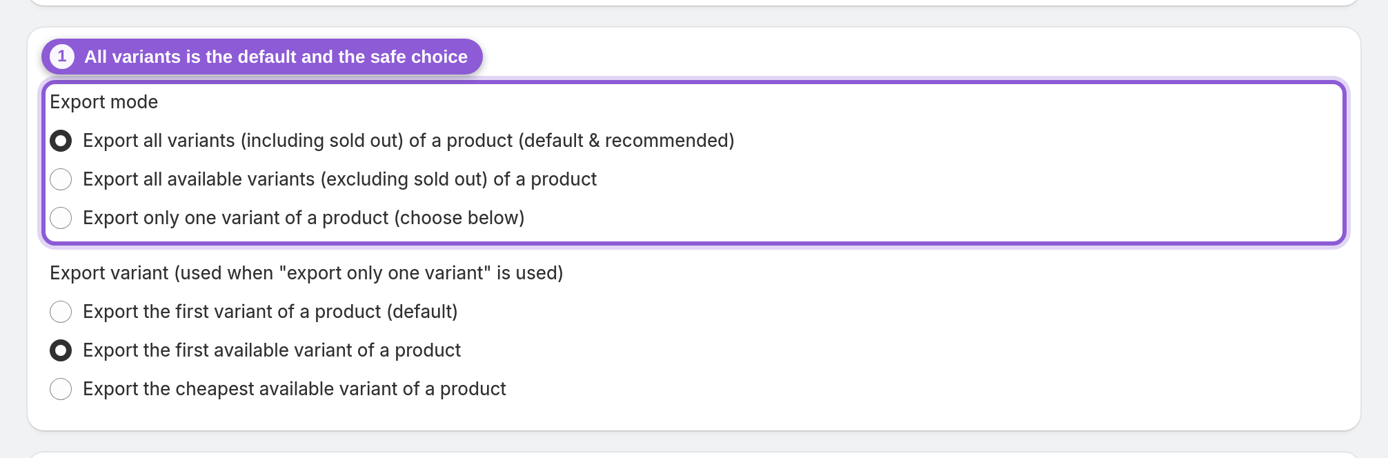 Decide how variants are exported — #product_feed_basic_exportMode highlighted