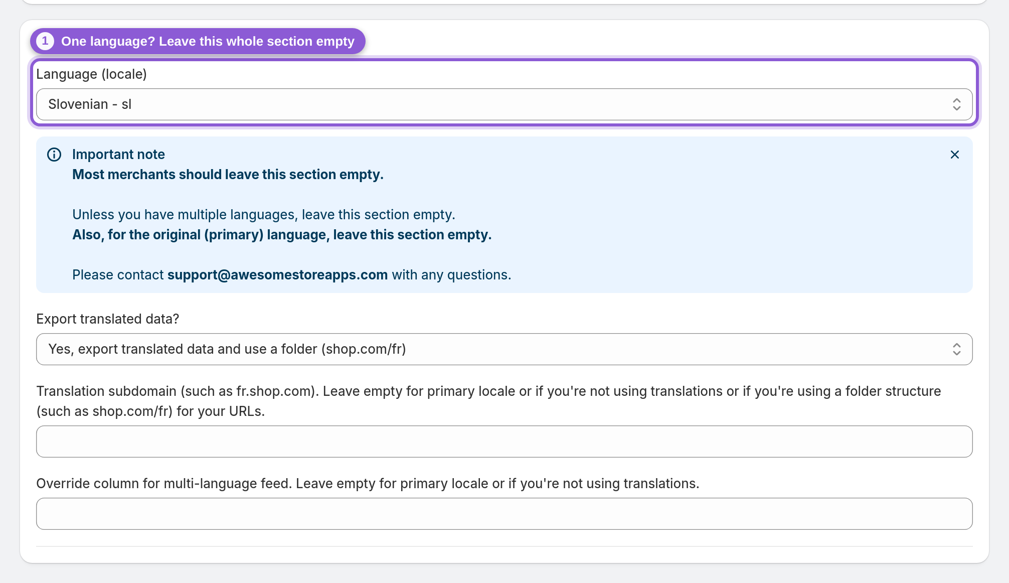 Multi-language stores (most can skip this) — #product_feed_basic_translationLocale highlighted