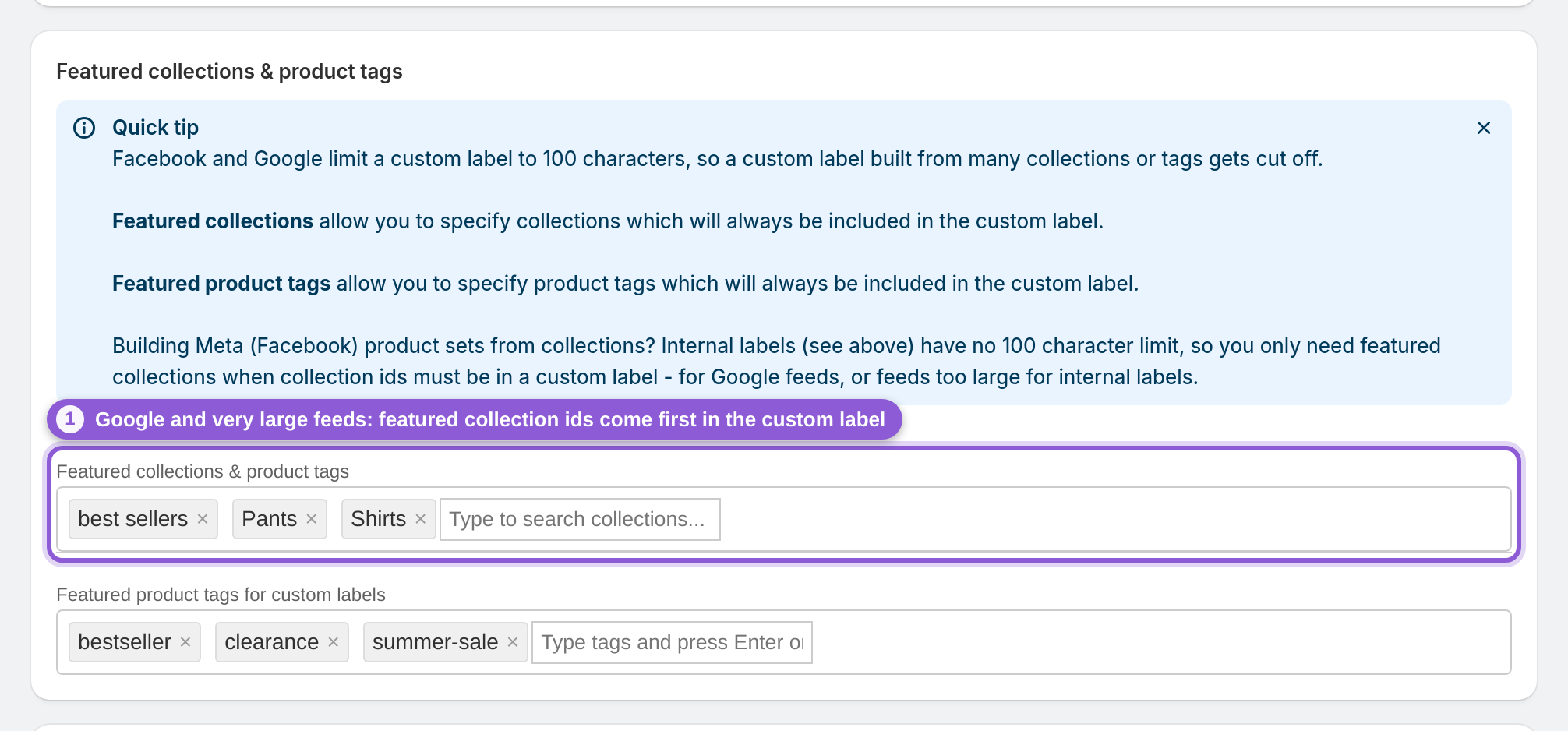 When you still need custom labels and featured collections — .autocomplete-container:has(+ #product_feed_featuredCollectionsForCustomLabelsString) highlighted