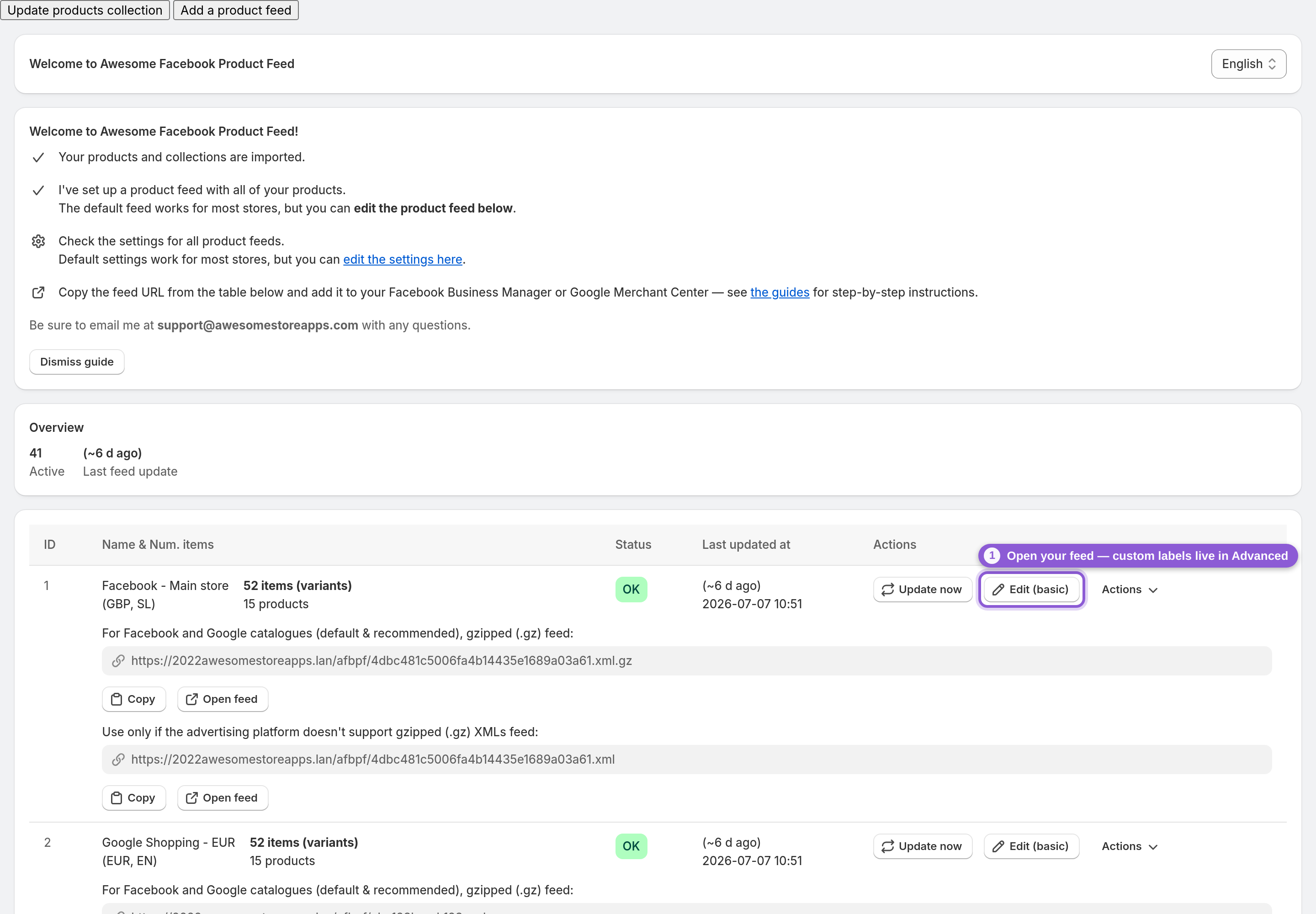 Open the Advanced editor — Open your feed button highlighted