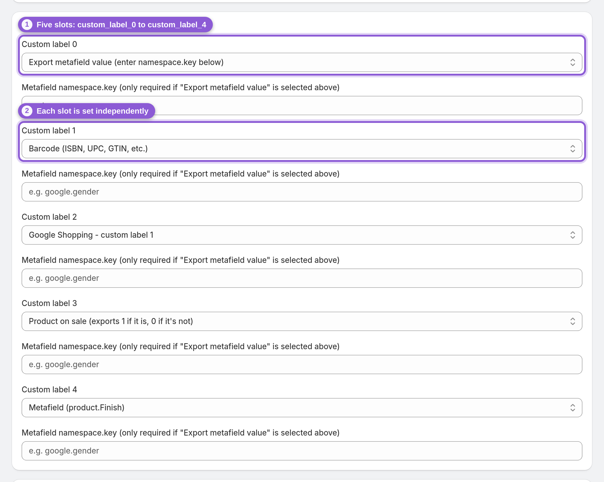 Meet the five custom label slots — #product_feed_customLabel0, #product_feed_customLabel1 highlighted
