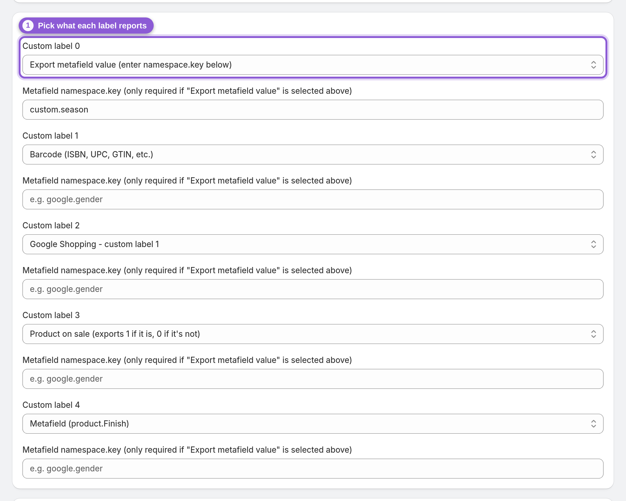 Choose what each label reports — #product_feed_customLabel0 highlighted
