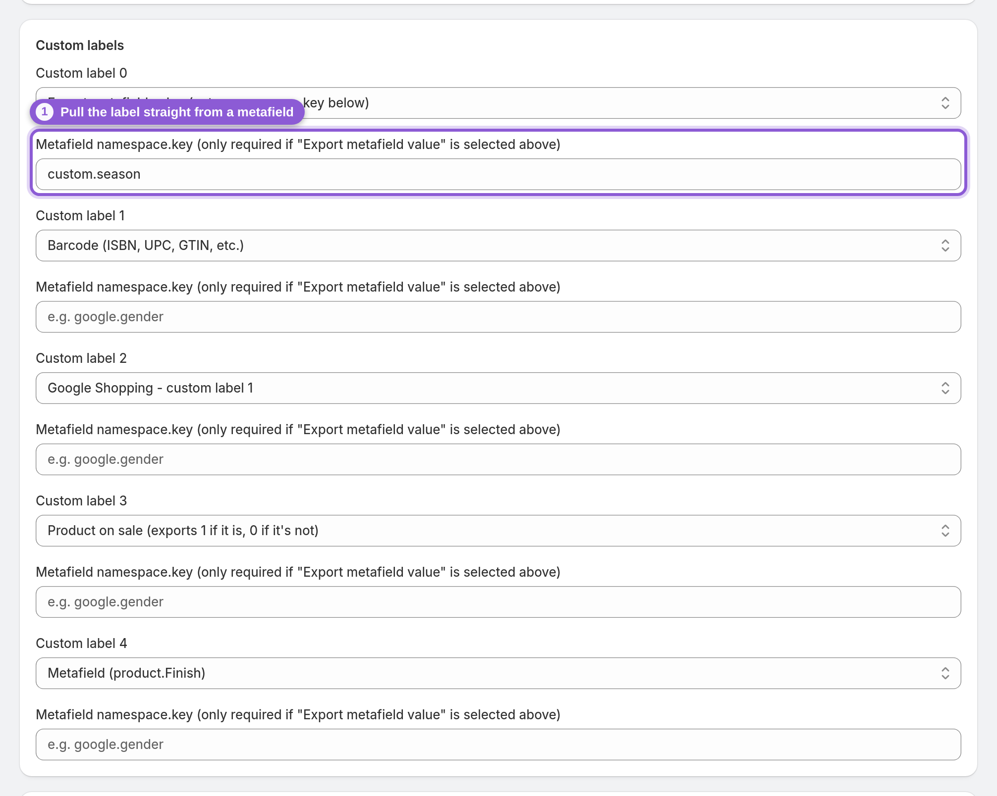 Drive a label straight from a metafield — #product_feed_customLabelMetafield0 highlighted