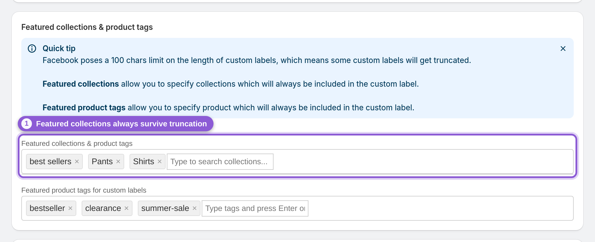 Keep featured collections in every label — .autocomplete-container:has(+ #product_feed_featuredCollectionsForCustomLabelsString) highlighted