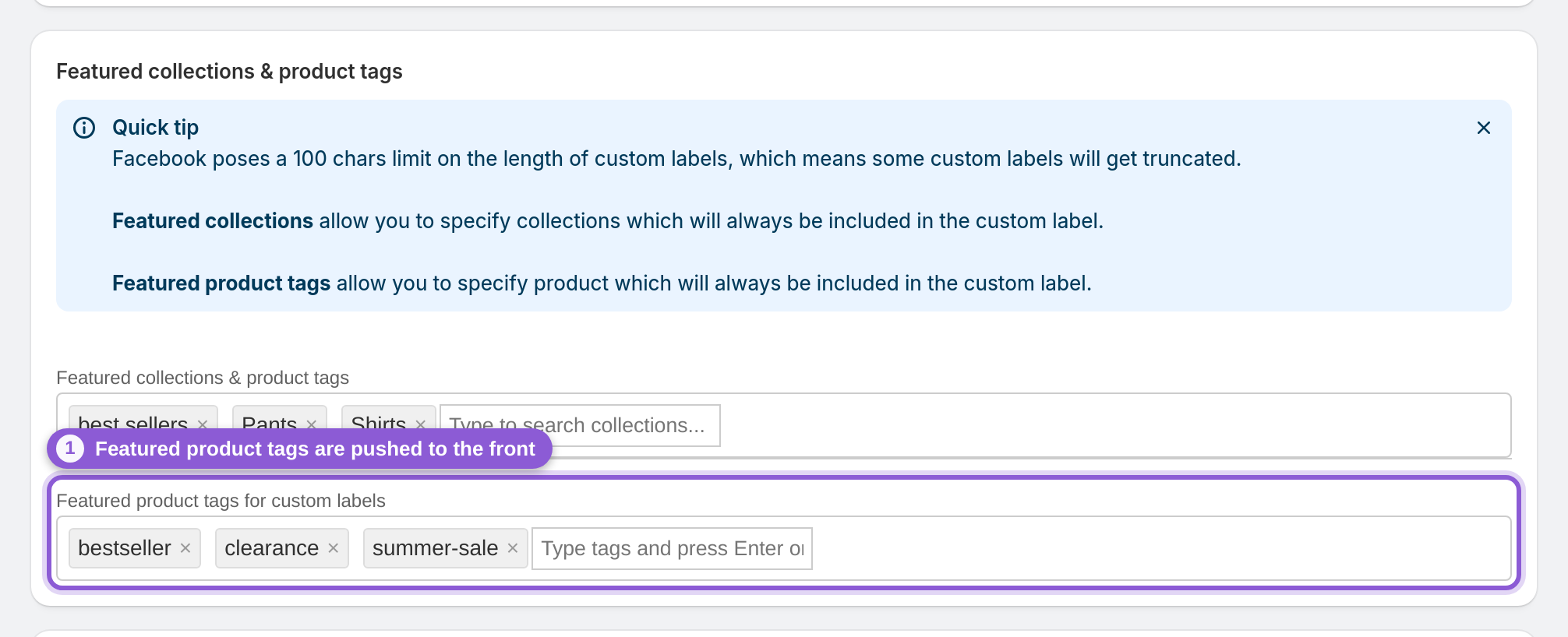 Push featured product tags to the front — .autocomplete-container:has(+ #product_feed_featuredProductTagsForCustomLabels) highlighted