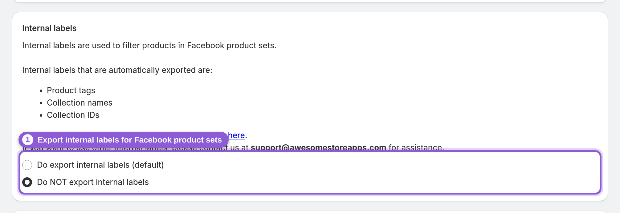 Export internal labels for Facebook product sets — #product_feed_exportInternalLabels highlighted