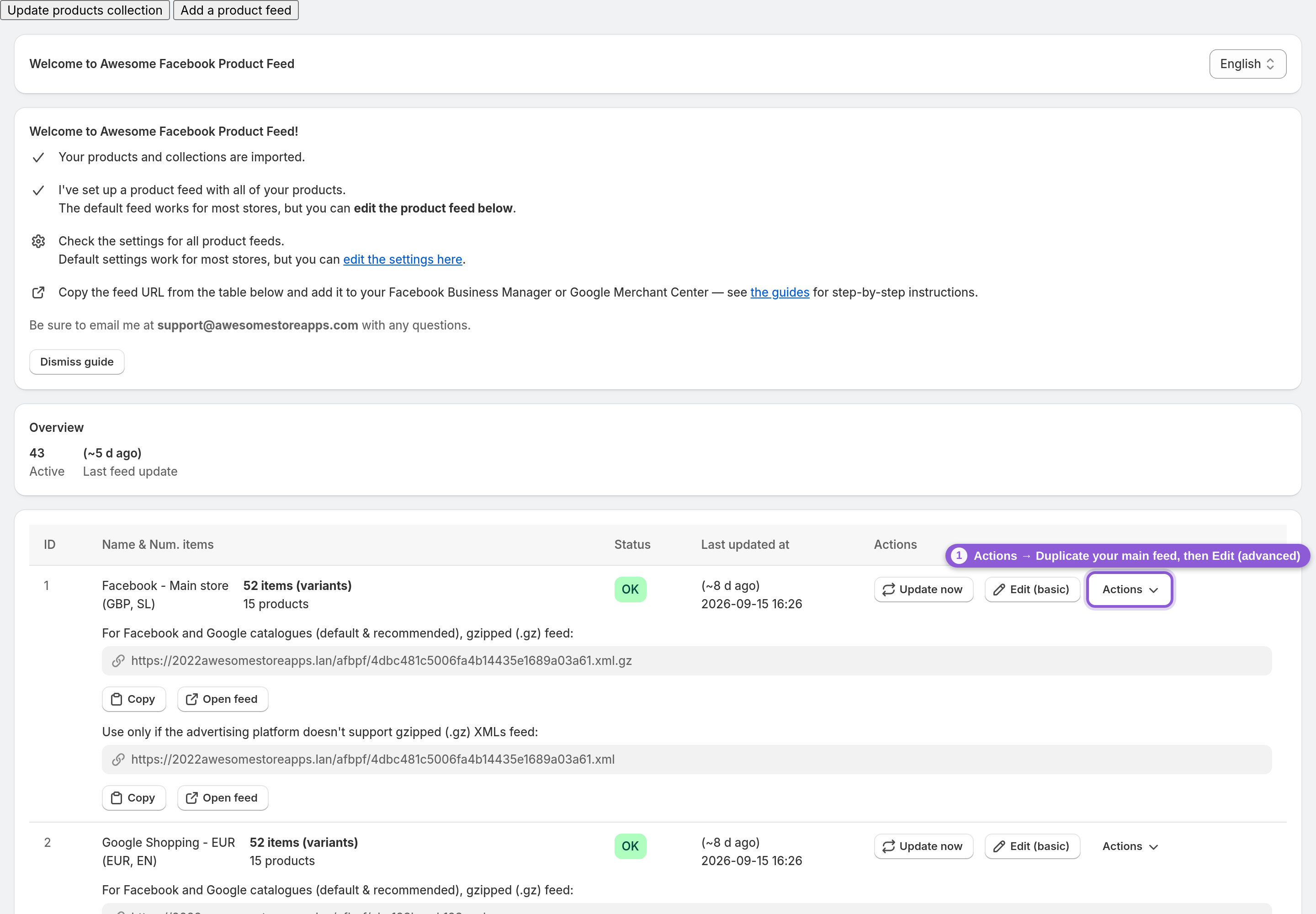 Feed dashboard with the Actions menu used to duplicate the main Facebook feed