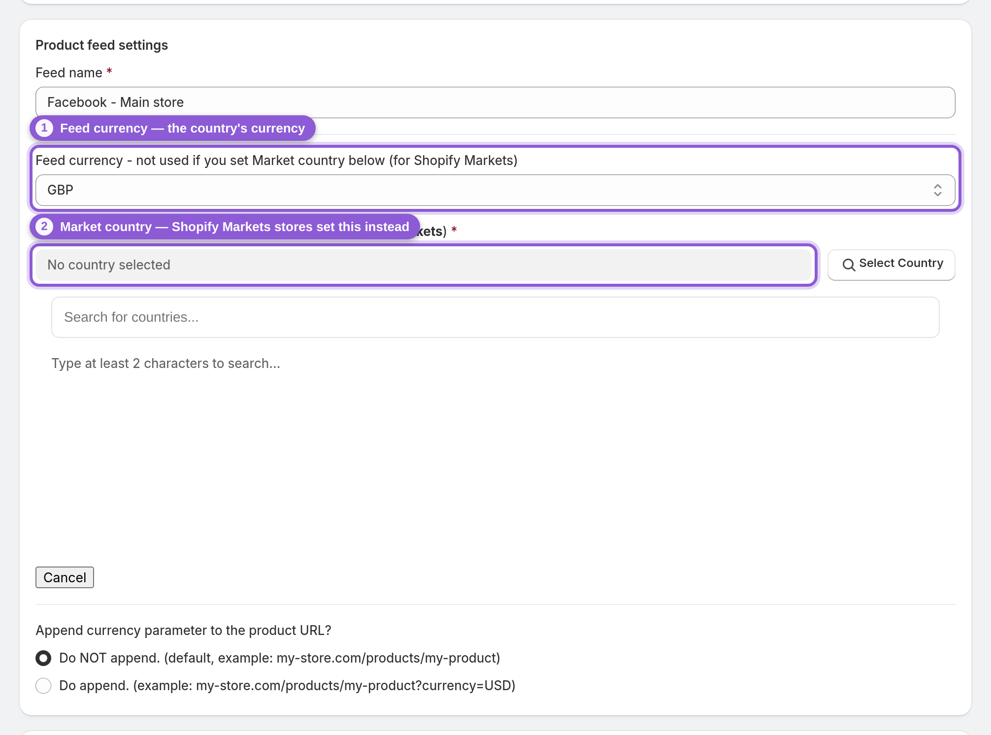 Feed currency and Shopify Markets country fields for a Facebook country feed
