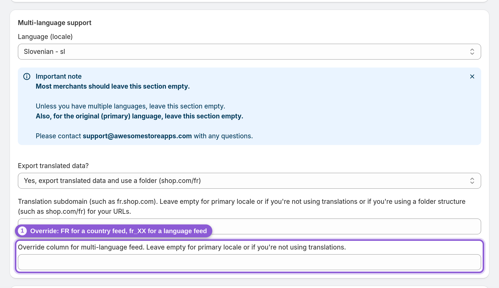 Override column field where you type FR for a country feed or fr_XX for a language feed
