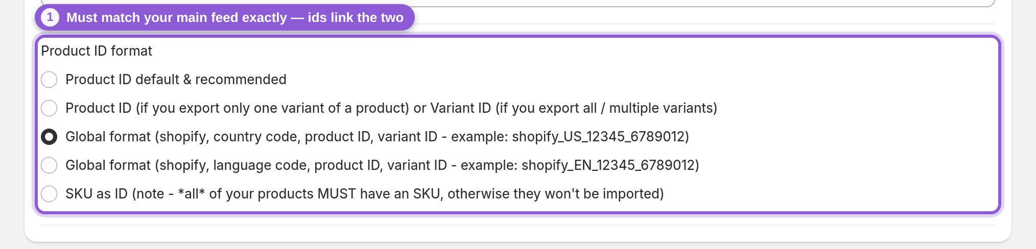 Product ID format options, which must match the main Facebook catalog feed