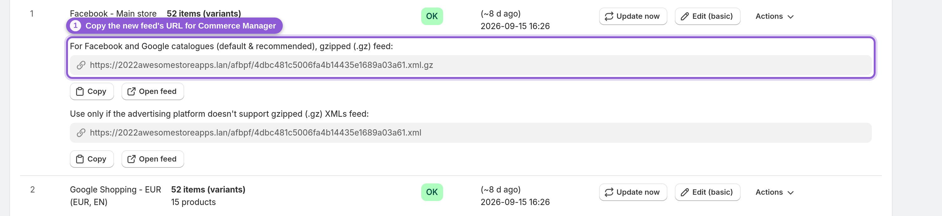 Gzipped feed URL and Copy button on the dashboard, ready to add in Meta Commerce Manager