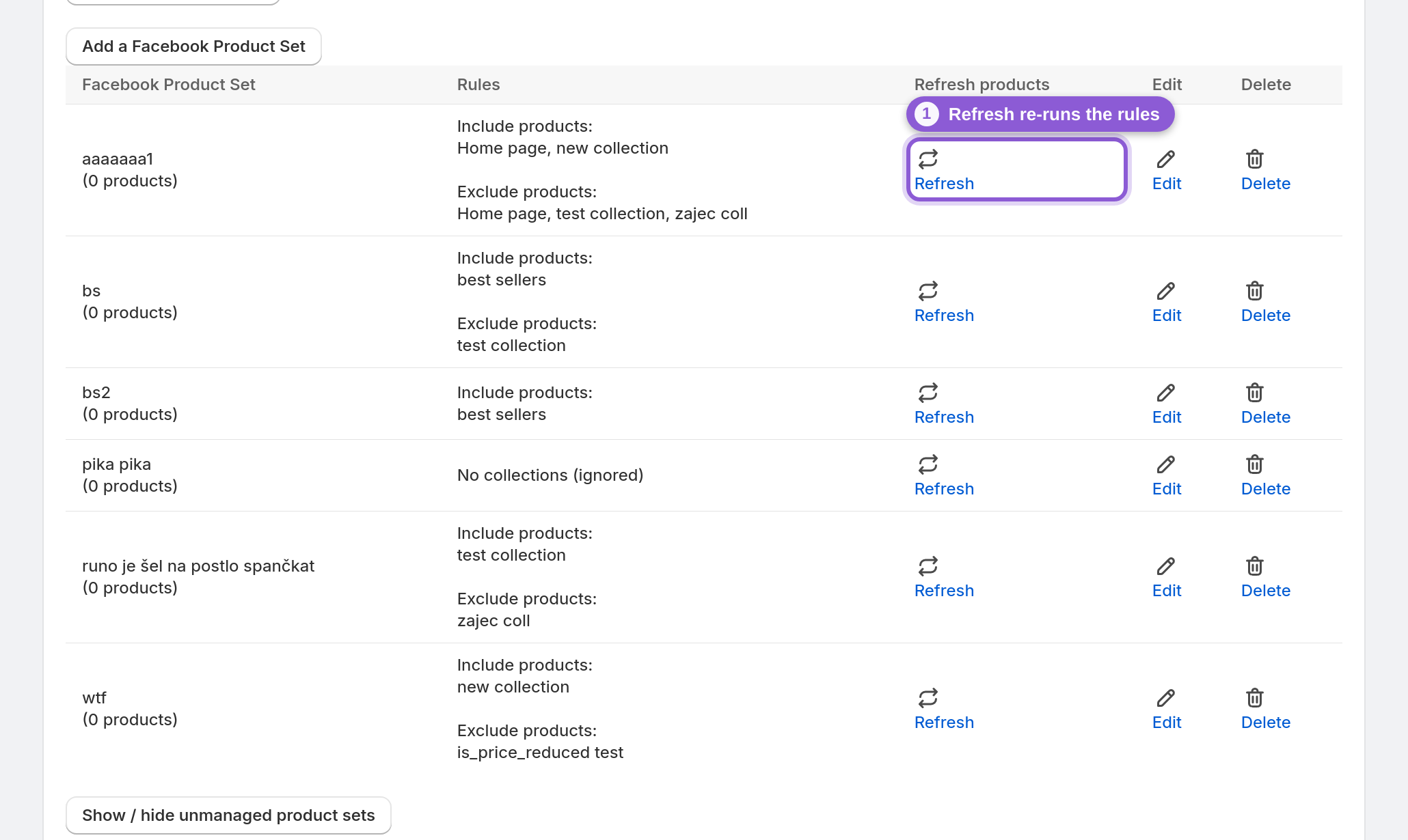 The Refresh link in a Facebook Product Set row of the product sets table
