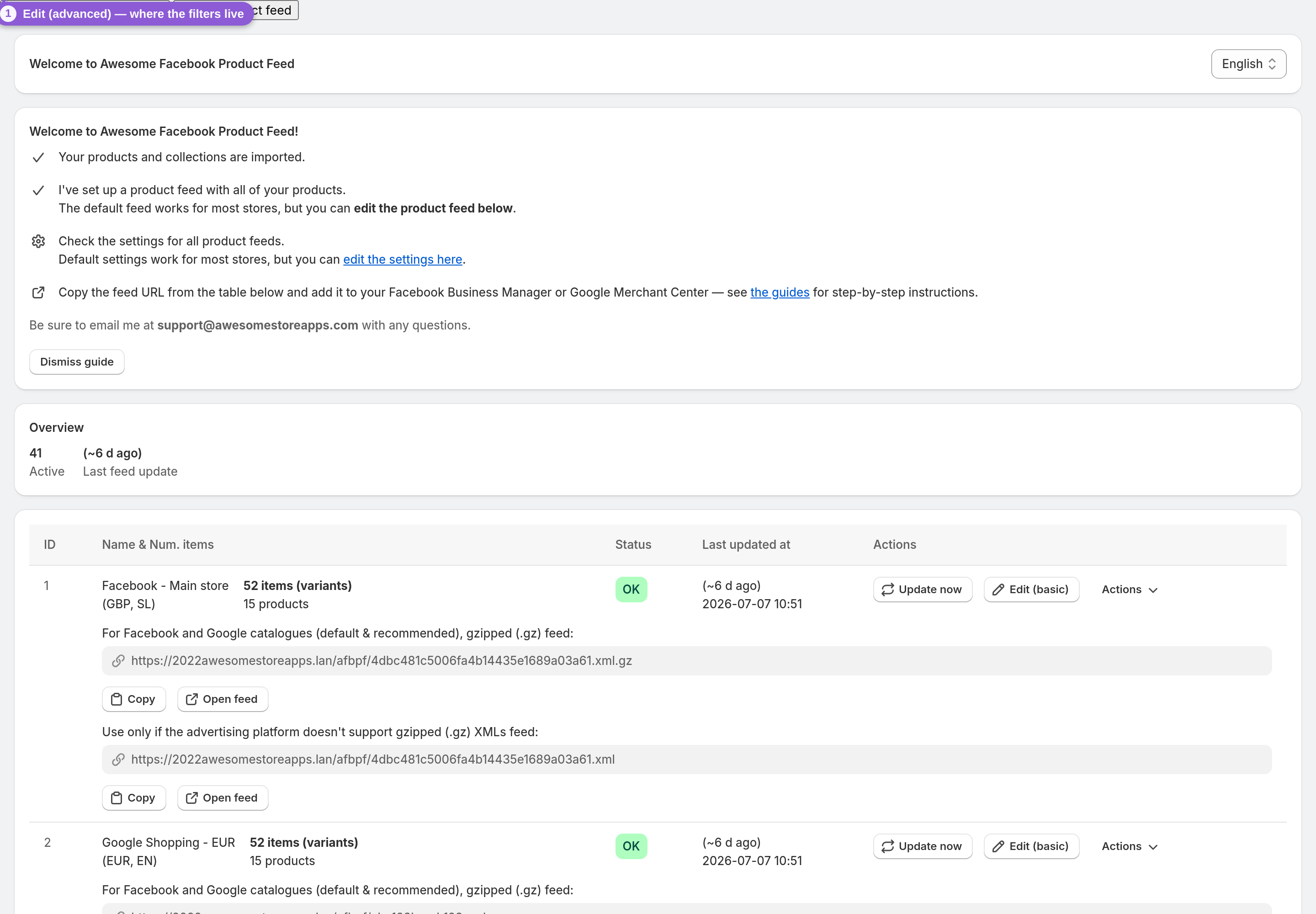 Open the Advanced editor — s-button[href$='/productFeed/edit/1'] highlighted