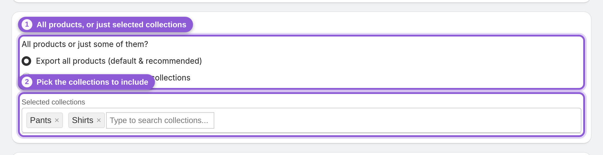 Export all products, or only selected collections — #product_feed_allProducts, .autocomplete-container:has(+ #product_feed_collectionsString) highlighted