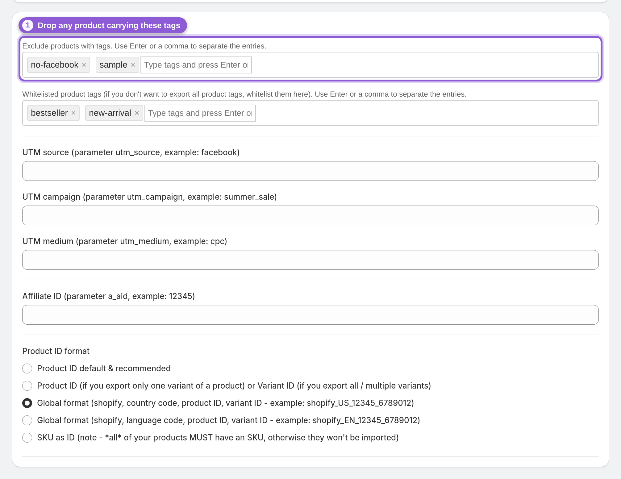 Exclude whole products by tag — .autocomplete-container:has(+ #product_feed_excludedTags) highlighted