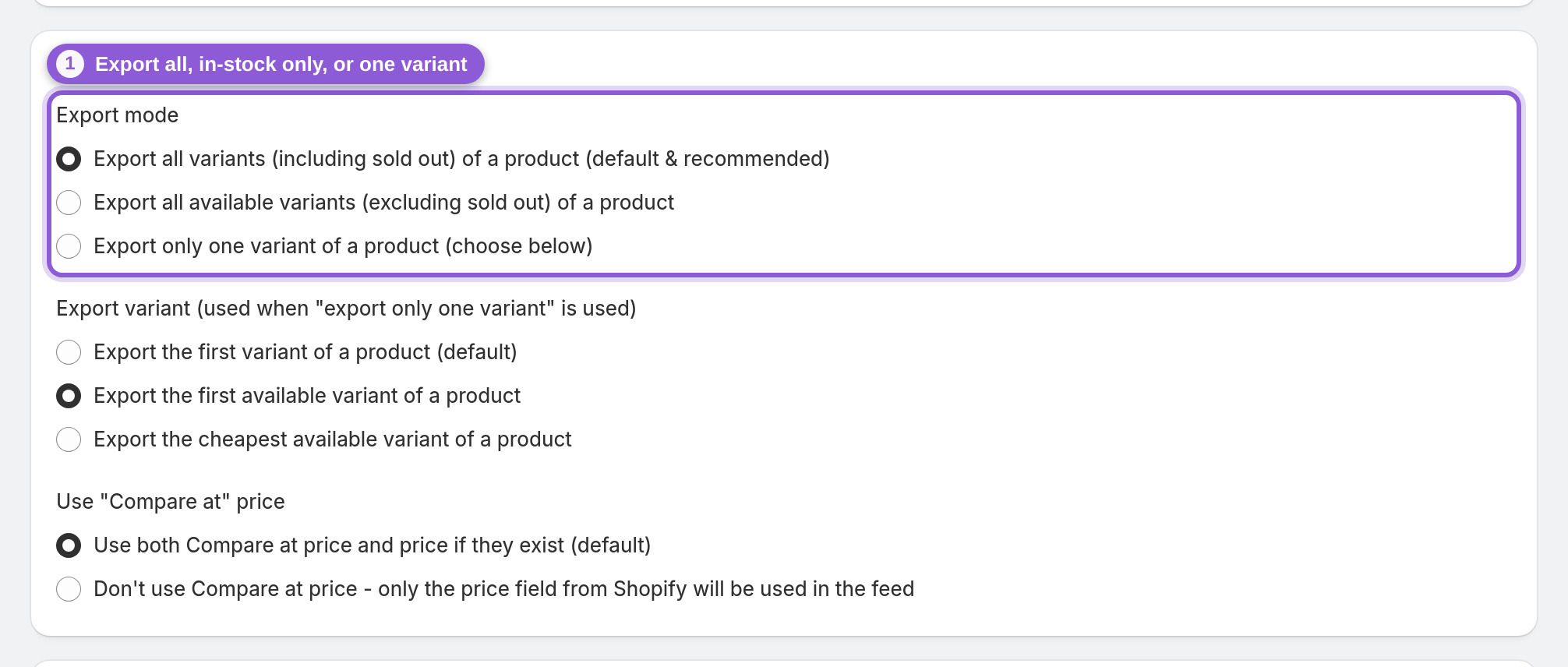 Keep only the variants that are in stock — #product_feed_exportMode highlighted