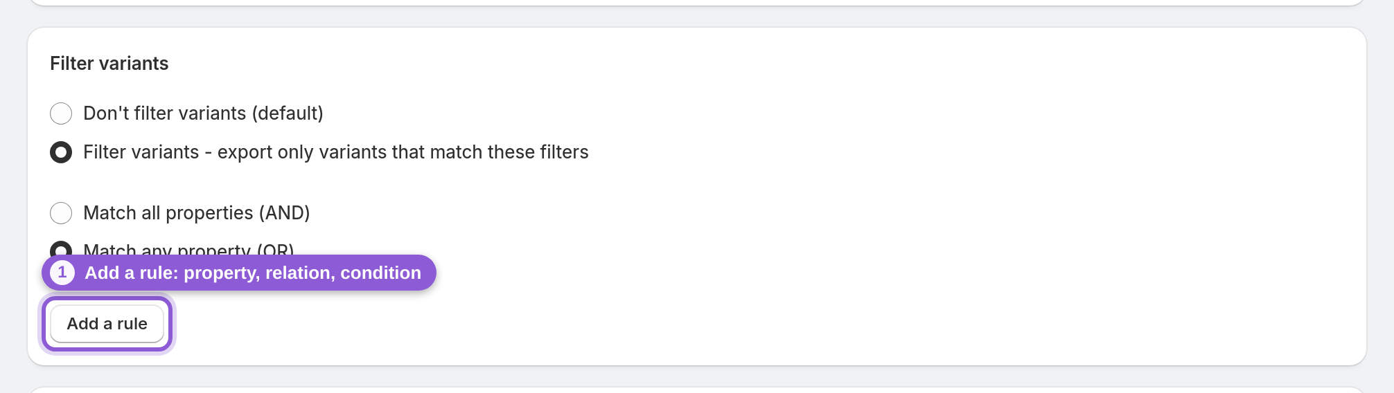 Build a variant rule: property, relation, condition — .add-rules-link highlighted