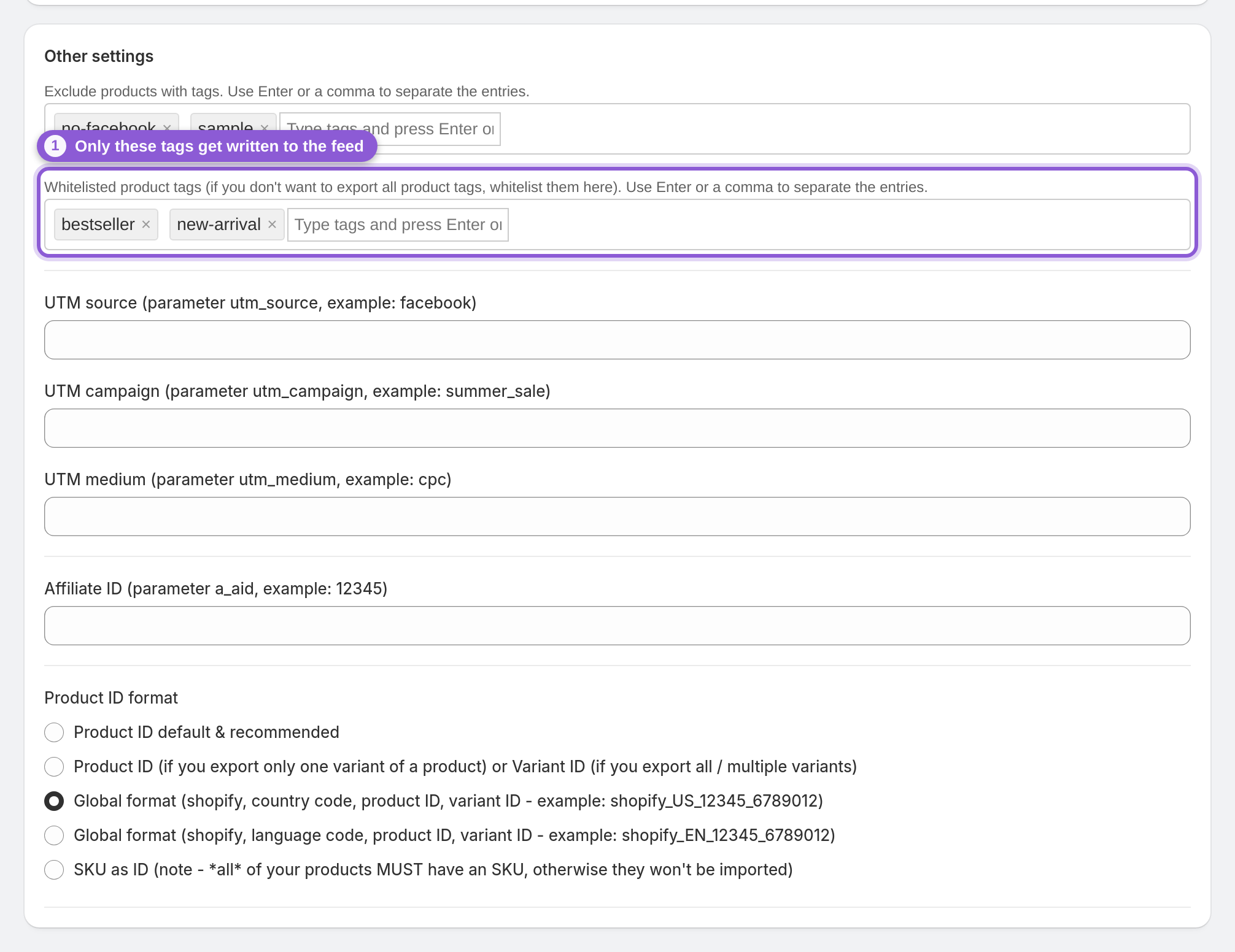 Limit which product tags get written to the feed — .autocomplete-container:has(+ #product_feed_whitelistedProductTags) highlighted