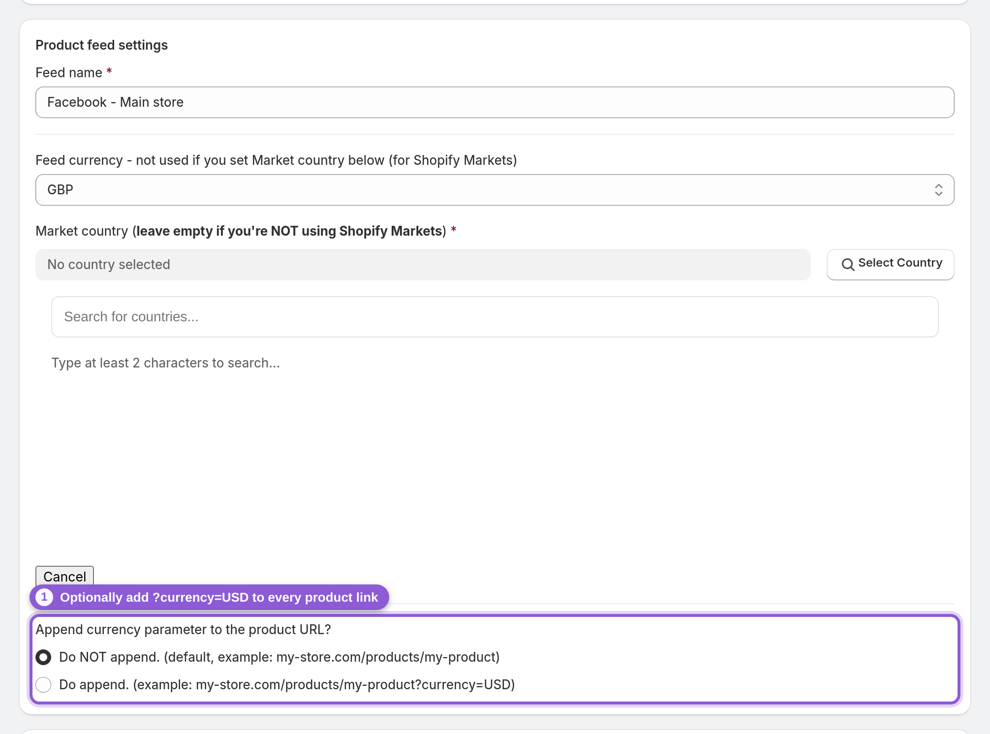 Append the currency to your product links (optional) — #product_feed_appendCurrency highlighted