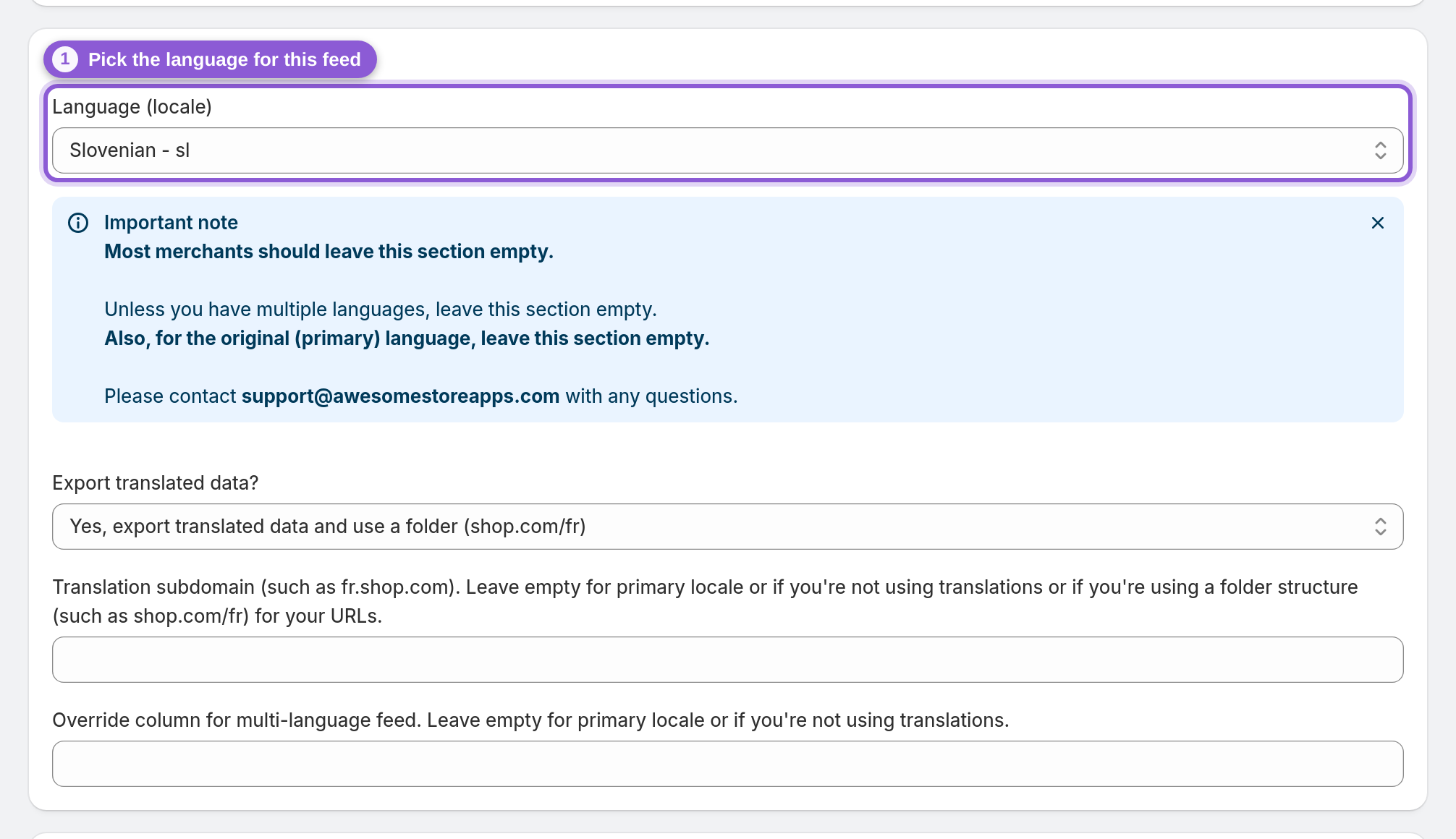 Turn on a translated feed for one language — #product_feed_translationLocale highlighted