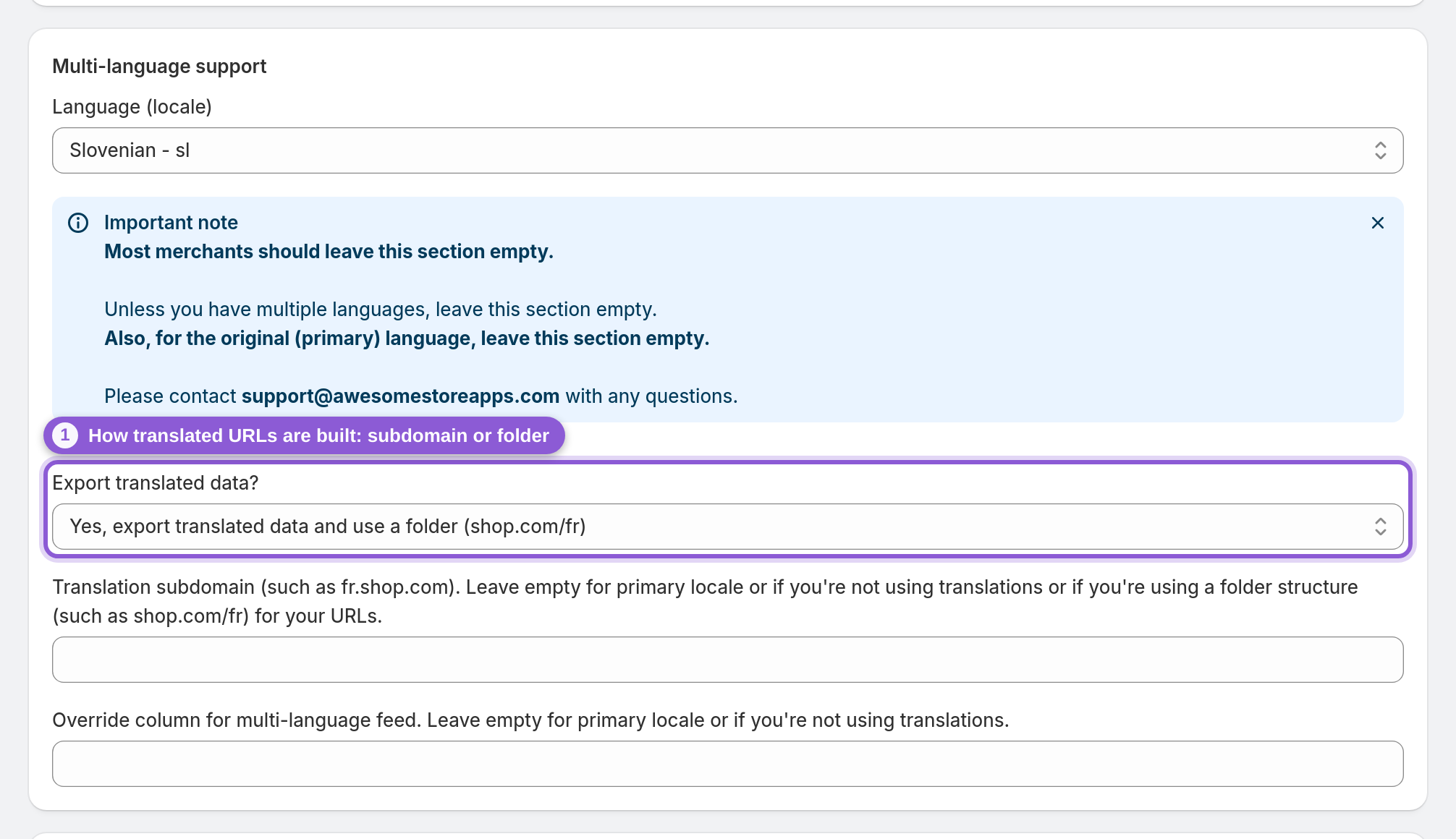Tell the app how your translated URLs are built — #product_feed_translationType highlighted