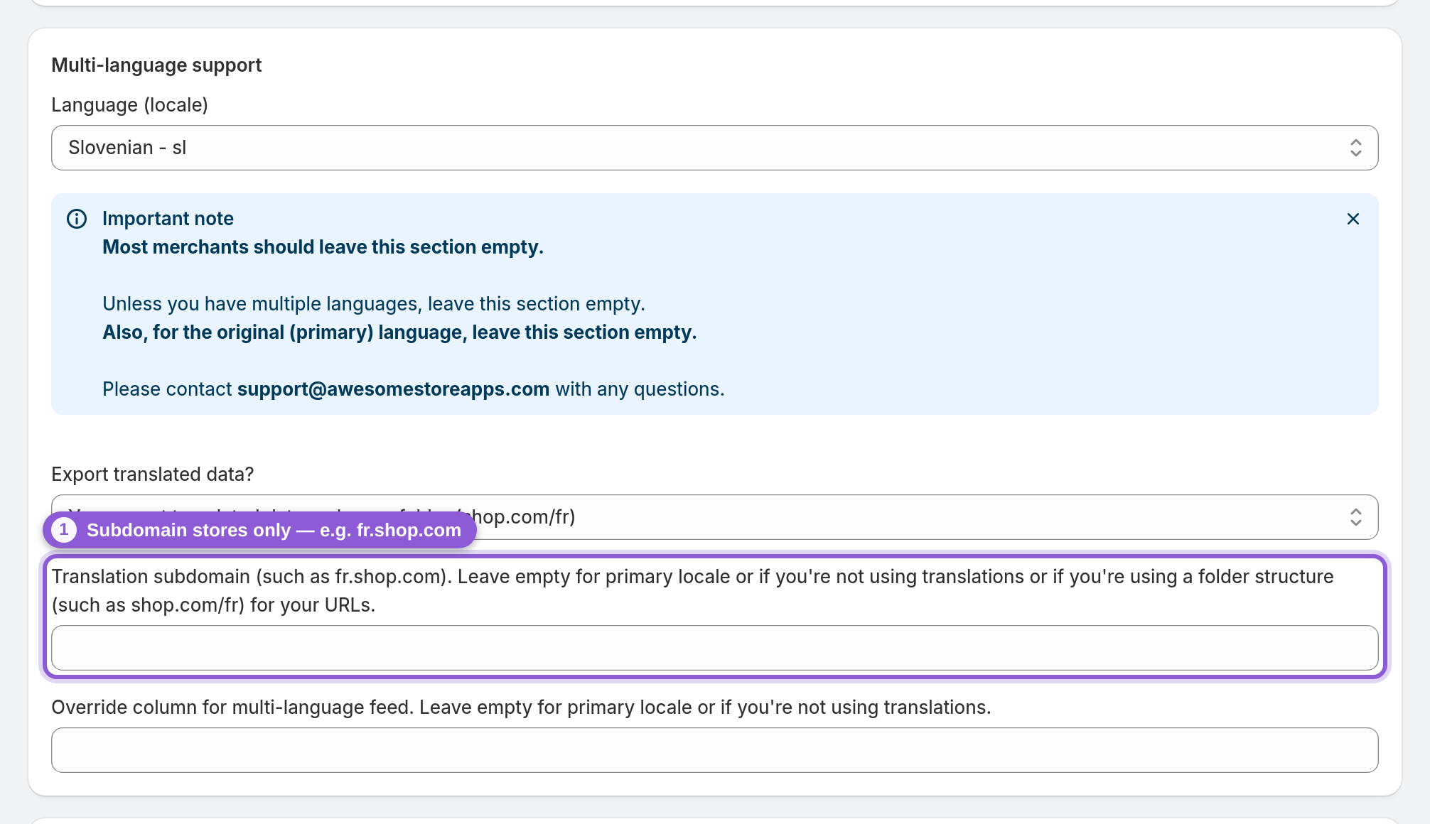 Set the translation subdomain (subdomain stores only) — #product_feed_translationSubdomain highlighted