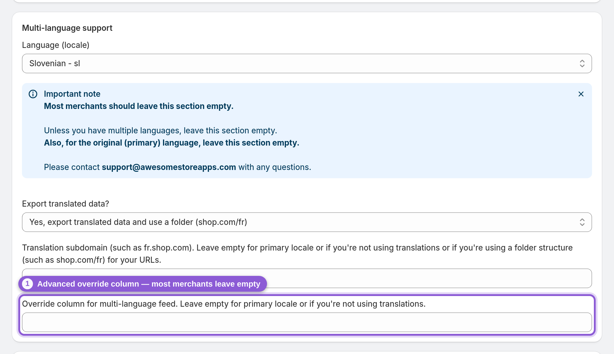 The override column (advanced, most leave empty) — #product_feed_override highlighted