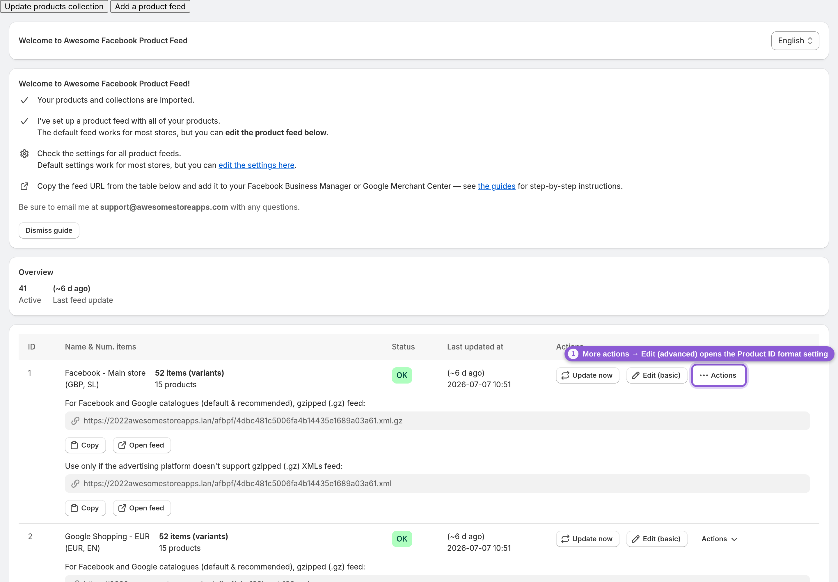 Open the Product ID format setting — s-button[commandFor="feed-menu-1"] highlighted