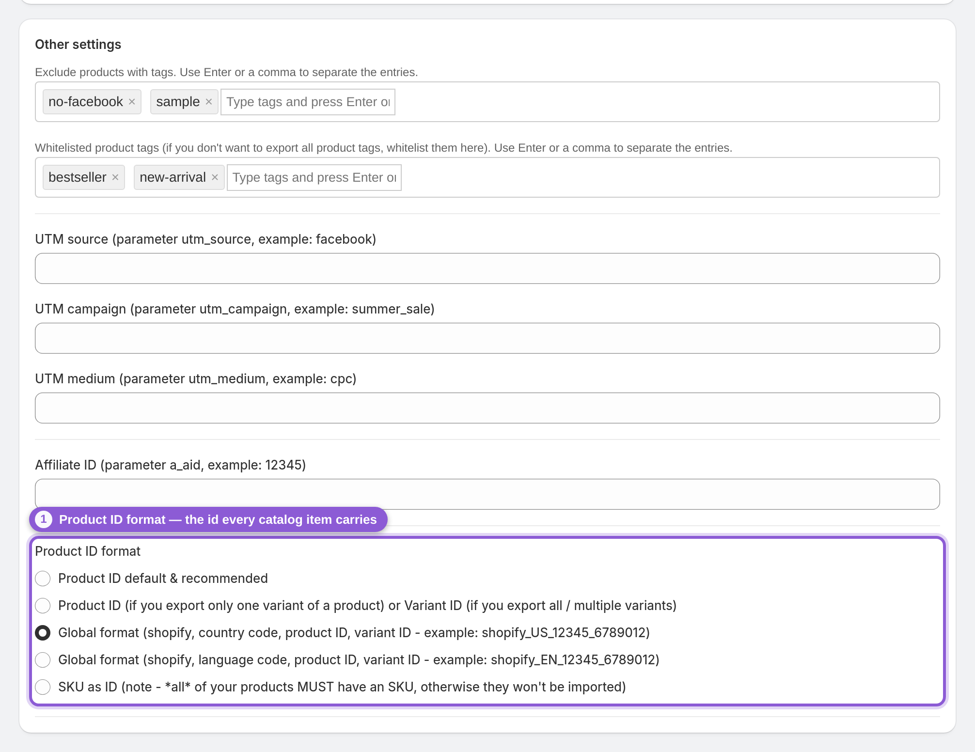 Find the "Other settings" section — #product_feed_namingStrategyId highlighted