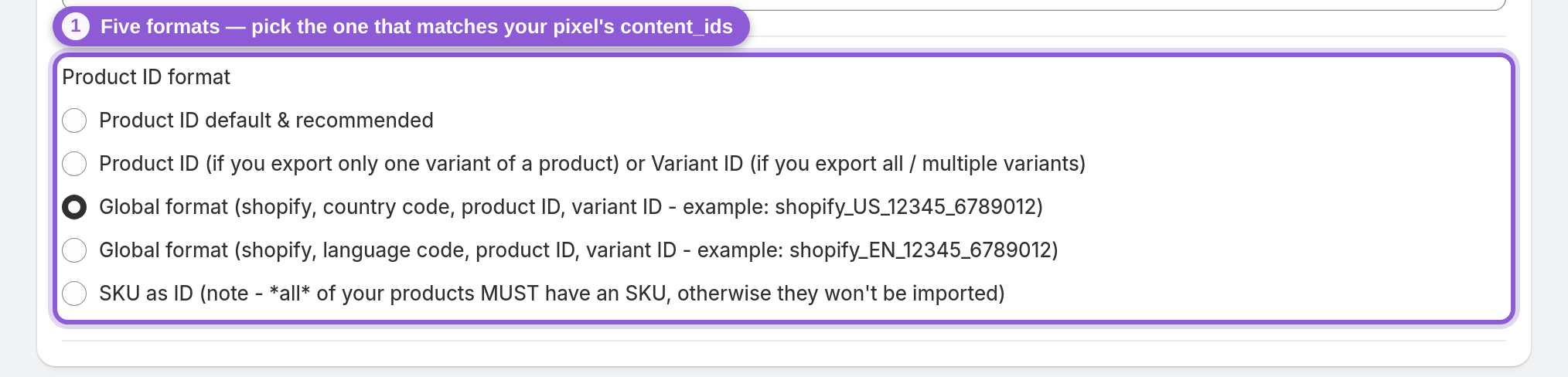 Keep the default: Product ID (recommended) — #product_feed_namingStrategyId highlighted