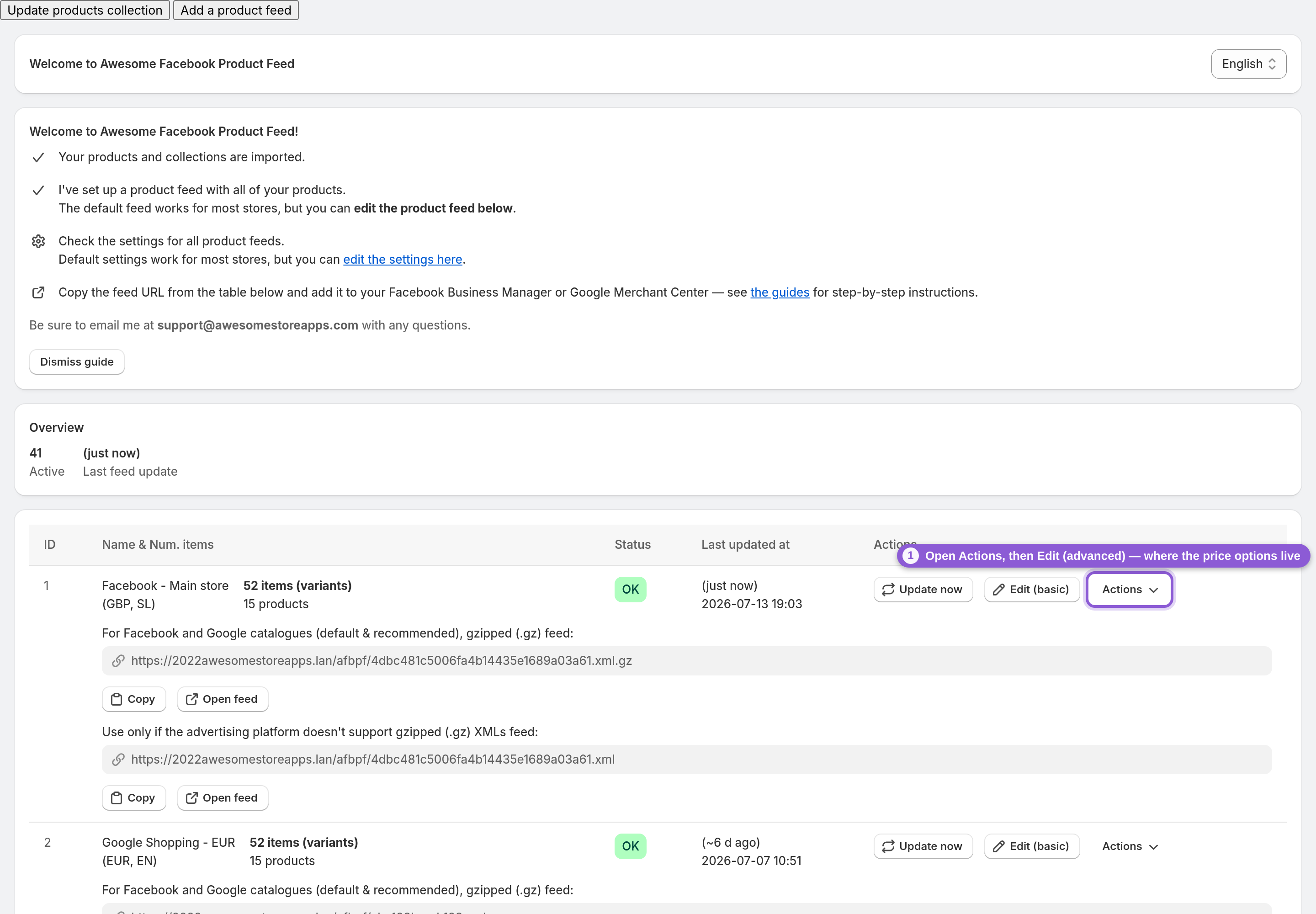 Open the Advanced editor — s-button[commandFor="feed-menu-1"] highlighted