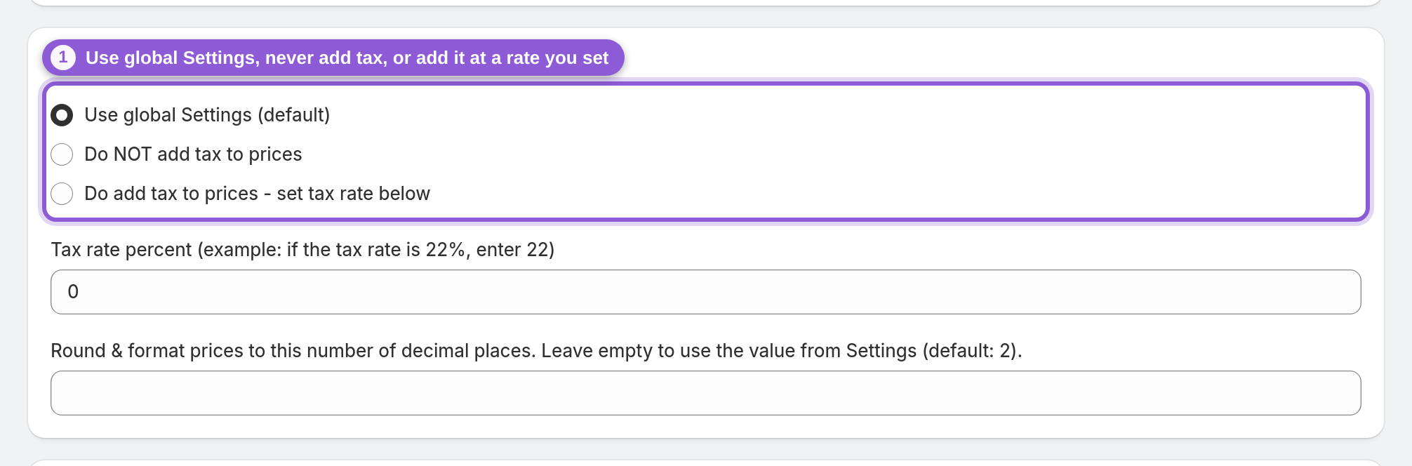 Add tax to your prices (or defer to your global Settings) — #product_feed_addTax highlighted