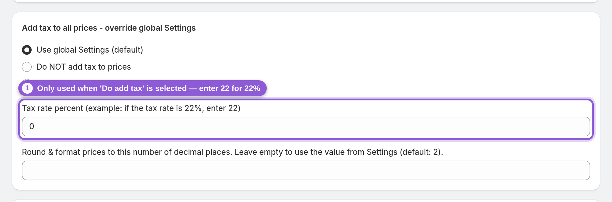 Set the tax rate — #product_feed_taxRatePercent highlighted