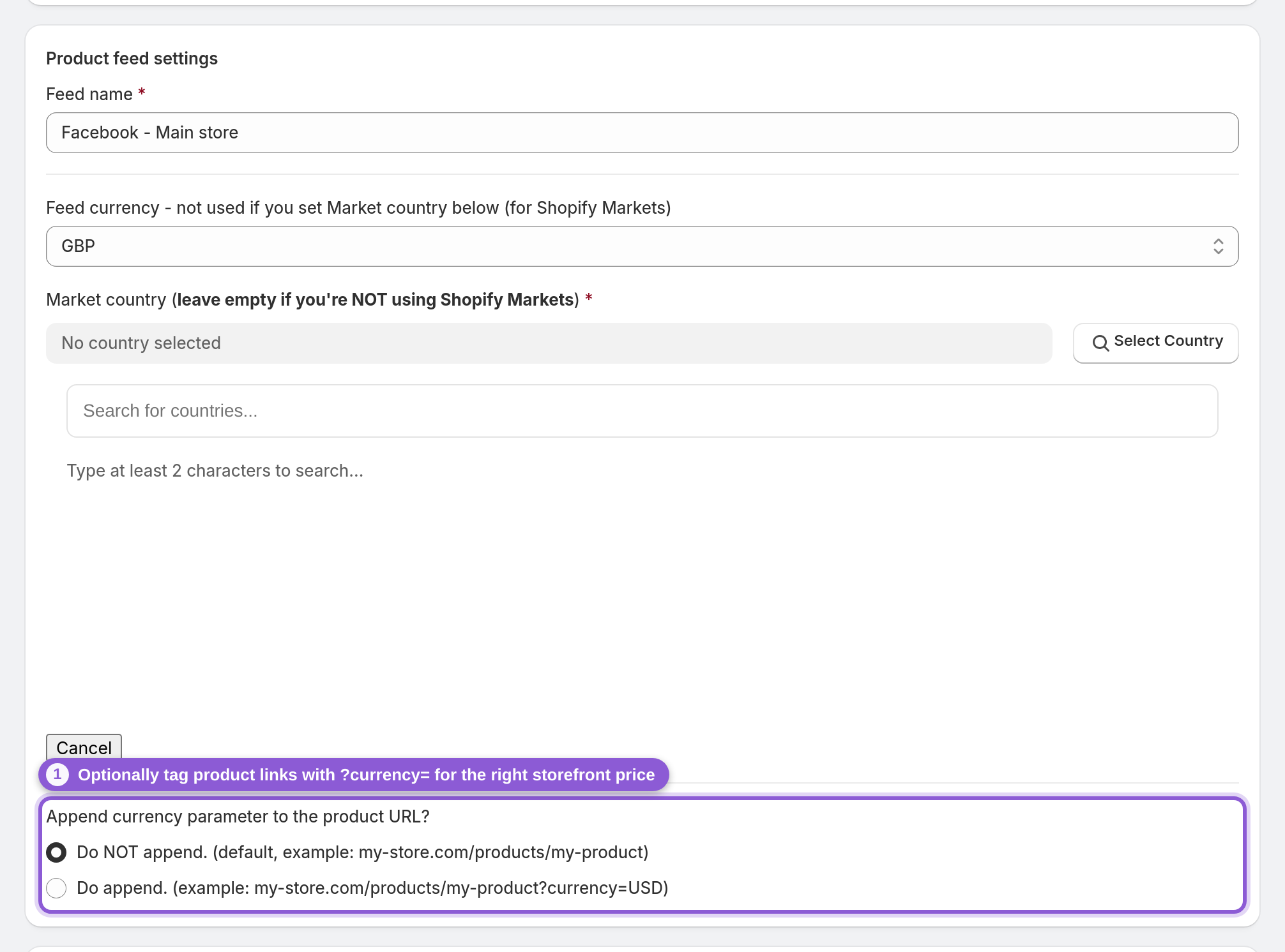 Append the currency to product links (optional) — #product_feed_appendCurrency highlighted