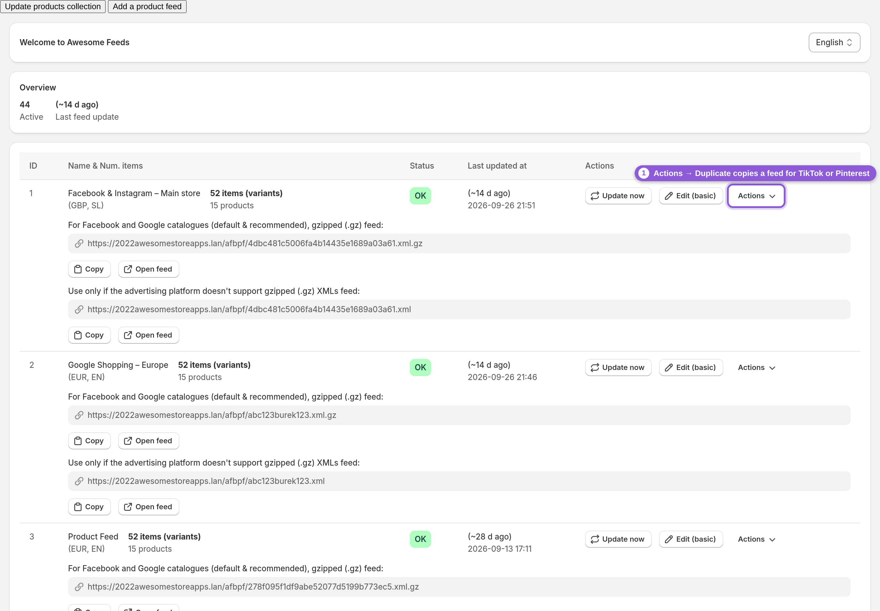 The Actions menu next to a feed on the dashboard, which holds Duplicate