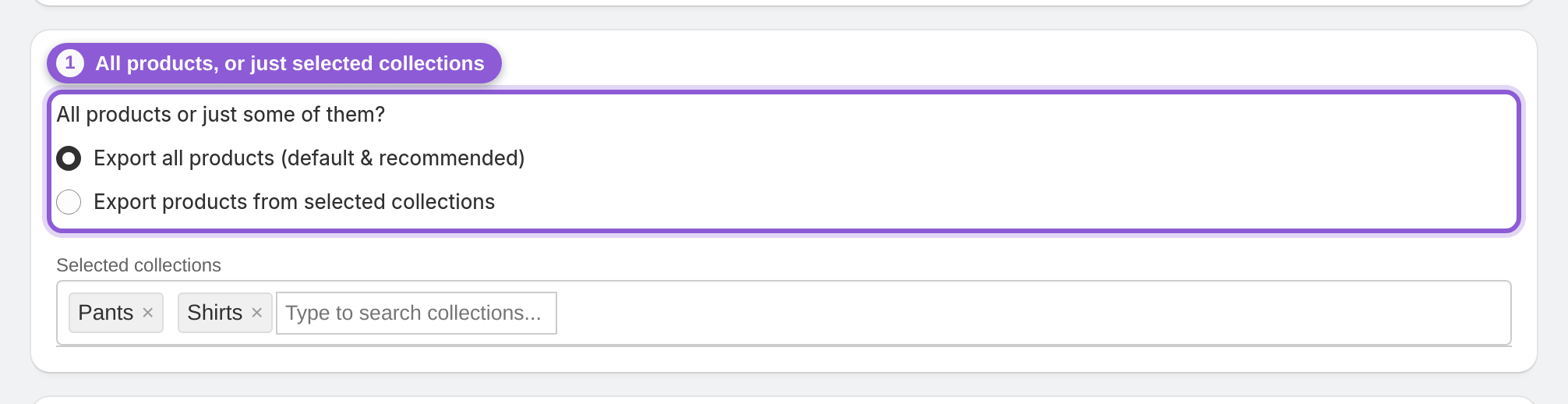 The choice between all products and selected collections in a feed's Product export settings